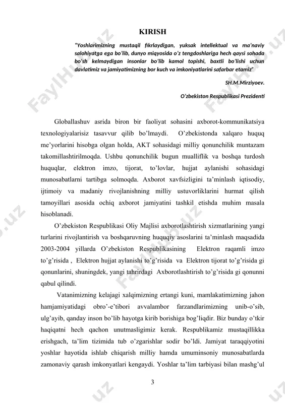 dartlari asosida ishlab chiqilgan "uzluksiz ta’lim tizimi uchun o’quv adabiyotlarini yangi avlodini yaratish konsepsiyasi" ning asosiy vazifasi qilib o’quv adabiyotlarni yaratish uchun ilmiy-g’oyaviy, uslubiy-didaktik, psixologik-pedagogik, sanitariya-gigienik talablarni ishlab chiqish, elektron darsliklardan to’g’ri va ratsional foydalanish maqsadida ularning mavjud shakllari va turlariga aniq ta’riflar berish hamda mamlakatimiz miqiyosida zamonaviy elektron darsliklar tayyorlash bo’yicha strategik masalalar ko’lamini aniqlash belgilangan. 2005-yil 2-iyunda o’zbekiston respublikasi prezidentining “axborot texnologiyalari sohasida kadrlar tayyorlash tizimini takomillashtirish to’g’risida”gi qarori qabul qilindi. bu qarorlarning davomi sifatida o’zbekiston respublikasi axborot erkinligi prinsiplari va kafolatlari to’g’risida qonuni 2012-yil 12-dekabrda qabul qilindi. ushbu qonun 16 moddadan tashkil topgan bo’lib, unda ushbu qonunning asosiy vazifalari, axborot erkinligi prinsiplari va kafolatlari to’g’risidagi qonun hujjatlari, axborot erkinligining asosiy prinsiplari axborotning ochiqligi va oshkoraligi, axborotni olish tartibi, shaxsning, jamiyatning, davlatning axborot borasidagi xavfsizligi, shu kabi bir qator moddalarni o’z ichiga olgan. inson uchun axborotlarni to’plashda uning barcha sezgi organlari xizmat qilsa, uzoq masofadagi axborotlarni to’plash uchun …