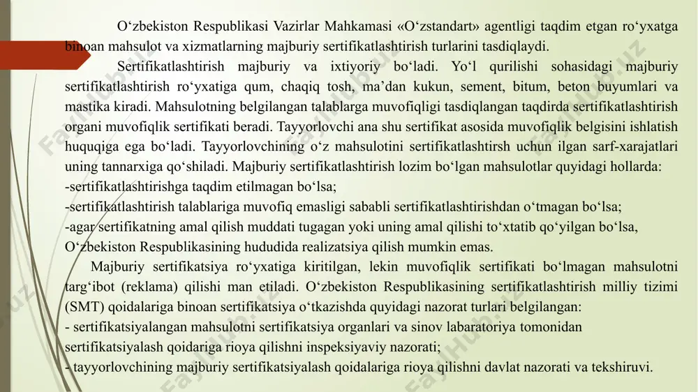 sadlarda amalga oshiriladi? sertifikatsiyalash qanday turlarga bo‘linadi? majburiy sertifikatlashtirish lozim bo‘lgan mahsulotlar qanday hollarda sotilishi mumkin emas? sinov labaratoriyalari nimalarga ega bo‘lishi kerak? /docprops/thumbnail.jpeg
