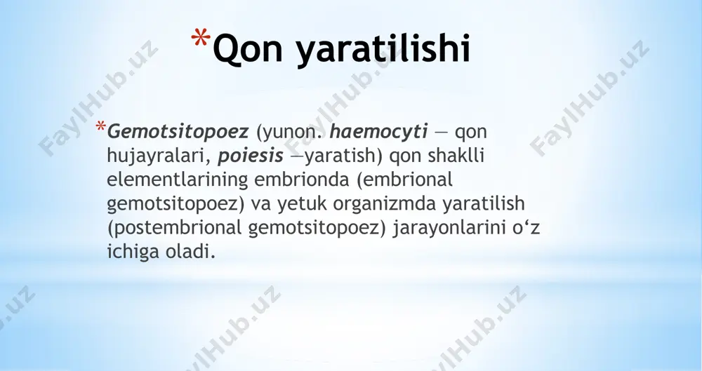 sidan kelib chiqadi  qon yetilishida 6 sinf hujayralari bo`ladi stvol hujayralari yarimstvol hujayralar unipotent hujayralar blastlar yetiluvchi hujayralar yetuk hujayralar 1kunda 10¹¹ qon hujayrasi ishlab chiqariladi suyak ko`migi repopopulyatsiya – sirkulatsiyaga tushgan qon elementlarining boshqa qon hosil qiluvchi organga borib o`rnashishi kichik limfotsitlarga o`xshash bir biridan farqlanmaydi(farqi yuzasidagi antigenda) differensirovka genom darajasida ketadi bu hujayralar koloniya shakllantiradi nisbatan kamdan kam bo`linadi qon hosil qiluvchi organlarda ulushi juda oz bo`linishni aktivatorlari: il-3 ksf(koloniya stimullovchi faktor) ko`proq differensiallashgan qisman determinatsiyalashgan differensirovka 2 yoki undan ko`proq yo`nalishda bo`lishi mumkin(oligopotent hujayra) bu sinfdagilar: khqh – gne (granulotsit-neytroﬁl, eritrotsit) khqh – gm (granulotsitlar, monotsitlar) khqh – mgse (megakariotsit, eritrotsit) khqh – kolloniya hosil qiluvchi hujayralar  unipotent – bir yo`nalishda rivojlanishi khqh – m -> monotsit khqh – b -> bazoﬁl khqh – e -> eozinoﬁl khqh – gn -> neytroﬁl khqh – e -> eritrotsit khqh – mgs -> megakariotsit 3-bosqich yetilgach, 4-sinf …