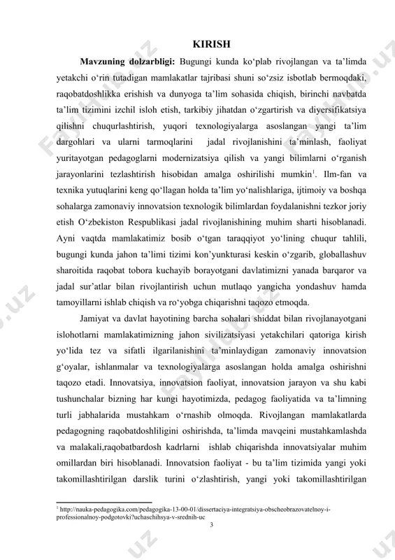 na, majmuaviy butunlikni tashkil qiluvchi o‘zaro bog‘langan bosqichlardan vujudga keladi. bu jarayon natijasida amalga oshirilgan, foydalanilgan o‘zgarish - innovatsiya paydo bo‘ladi. zamonaviy innovatsion jarayonlar murakkab bo‘lib, ularning rivojlanishi qonuniyatlari tahlil qilinishi lozim. buning uchun yangilik kiritish har xil tashkiliy – ta’lim jihatlari bilan shug‘ullanuvchi mutaxassislar innovatsion menejerlar talab etiladi.chunki ta’lim tizimi rahbarlar va mutaxassislarga jiddiy talablar qo‘yadi. bu talablar ta’lim dargohlarini rivojlantirishning samarali strategiyasini ishlab chiqish va amalga oshirish zaruruyati bilan bog‘liq bo‘lib, bunday muammolarni faqatgina boshqaruv munosabatlarini tushunuvchi mutaxassislargina hal qilishadi. bitiruv malakaviy ishi maqsadi: zamonaviy maktabda o‘quv jarayonini boshqarishga inovatsion yondashuvlarning mazmuni va uning ilmiy ahamiyatini o‘rganish va tahlil qilish bitiruv malakaviy ishi vazifalari: 1. zamonaviy maktabda o‘quv jarayonini boshqarishga inovatsion yondashuvlar haqida ma’lumotlarni o‘rganish va tahlil qilish; 2. zamonaviy maktabda o‘quv jarayonini boshqarishga inovatsion yondashuvning afzallik va kamchiliklarini tahlil qilish; 3. tajriba-sinov ishlari natijasi asosida pedagoglarga tavsiyalar ishlab chiqish; bitiruv malakaviy ishi predmeti: zamonaviy maktabda o‘quv jarayonini …