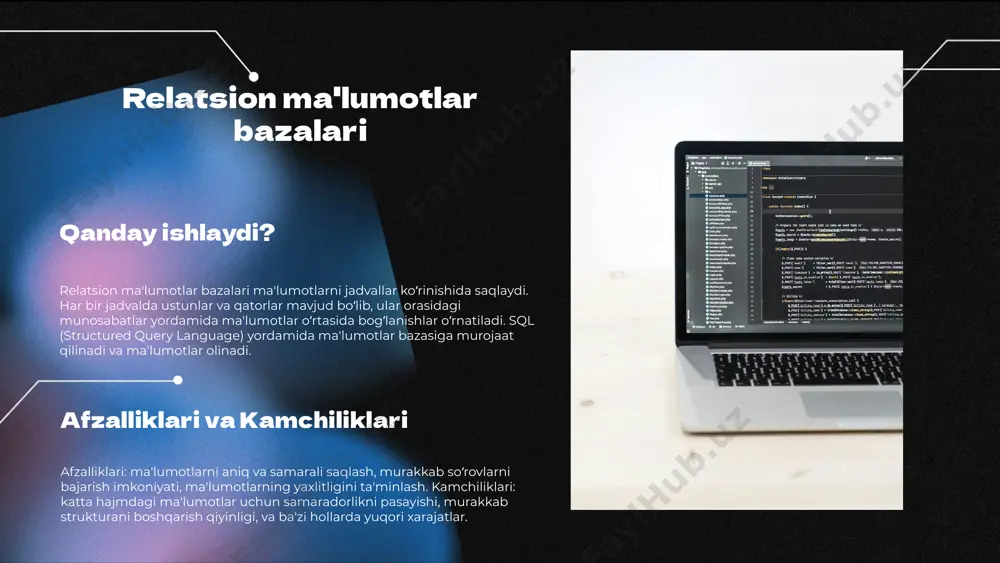 afzalliklari: xarajatlarni kamaytirish, oson kengayish, tezkor kirish imkoniyati va ma'lumotlarga har qanday joydan kirish imkoniyatidir. xavfsizlik va ma'lumotlarni saqlash imkoniyatlari bulutli ma'lumotlar bazalarida xavfsizlik choralariga katta e'tibor beriladi. ma'lumotlar enkriptatsiya qilinadi va foydalanuvchilarning kirishi cheklanishi mumkin. amazon web services (aws) va google cloud kabi platformalar yuqori darajadagi xavfsizlikni ta'minlaydi va ma'lumotlarni saqlash uchun keng imkoniyatlar taklif etadi. ai va machine learning bilan integratsiya ai va machine learning ning ma'lumotlar bazalaridagi roli ai va machine learning ma'lumotlar bazalarida ma'lumotlarni tez va samarali qayta ishlash imkonini beradi. ma'lumotlarni tahlil qilishning yangi usullari yangi algoritmlar va mashina o'rganish usullari ma'lumotlarni yanada chuqurroq tahlil qilish imkonini yaratadi. avtomatik ma'lumot qidirish va tahlil qilish misollari ai yordamida ma'lumotlarni avtomatik ravishda qidirish va tahlil qilish jarayonlari tezlashmoqda, masalan, katta ma'lumotlar uchun analitik vositalar. kelajak imkoniyatlari ai va machine learning integratsiyasi ma'lumotlar bazalarida yangi imkoniyatlar yaratadi, jumladan, real vaqt rejimida ma'lumotlarni tahlil qilish. xulosa ma'lumotlar bazalari turlari: …