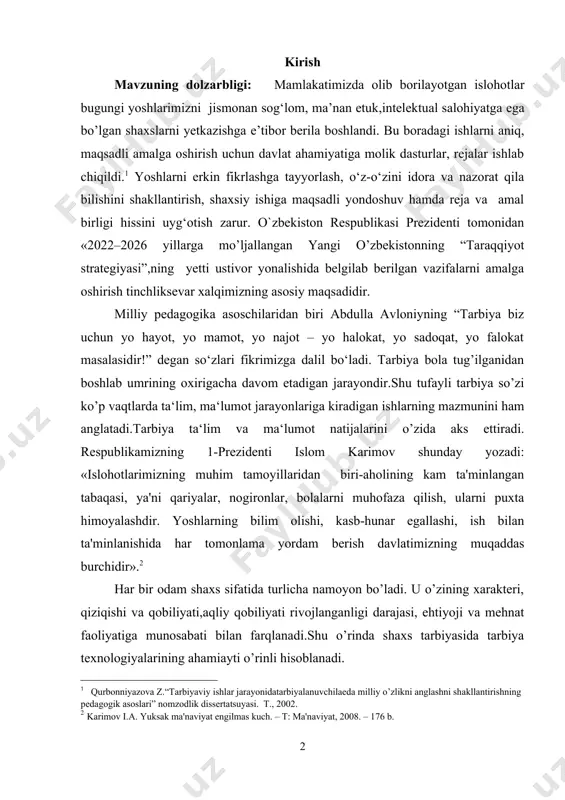 im olishi, kasb-hunar egallashi, ish bilan ta'minlanishida har tomonlama yordam berish davlatimizning muqaddas burchidir». har bir odam shaxs sifatida turlicha namoyon bo’ladi. u o’zining xarakteri, qiziqishi va qobiliyati,aqliy qobiliyati rivojlanganligi darajasi, ehtiyoji va mehnat faoliyatiga munosabati bilan farqlanadi.shu o’rinda shaxs tarbiyasida tarbiya texnologiyalarining ahamiayti o’rinli hisoblanadi. kurs ishining maqsadi: tarbiyaviy texnologiyalarni ta’limni sifatini oshirishdagi o’rni qo’llashning tashkiliy asoslarini ilmiy-nazariy jihatdan asoslash. kurs ishining ob’ekti: tarbiyaviy texnologiyalarni ta’limni sifatini oshirishdagi o’rni ta’lim va tarbiya faoliyatini organish. kurs ishining predmeti: tarbiyaviy texnologiyalarni ta’limni sifatini oshirishdagi o’rni, shakli, vosita va metodlari. kurs ishining vazifalari: 1.mavzuga doir pedagogik, psixologik adabiyotlarni taxlil qilish va umumlashtirish. boshlang’ich ta’limda innovatsion ta’lim texnologiyalarini qo’llashning tashkiliy asoslari orqali ijtimoiy pedagogik muammolarini o’rganish. 3.bo‘lajak boshlang’ich sinf o’qituvchilarini bolalar bilan ishlashga tayyorlash. 4.bo‘lajak o’qituvchilarning ta’lim-tarbiya texnologiyalari va pedagogic innovatsiyalar orqali kasbiy – madaniy munosabatlarni shakllantirish yo’llari. tadqiqotning metodologik asoslari: o’zbekiston respublikasi konstitutsiyasi, o’zbekiston respublikasi prezidenti sh.m.mirziyoyevning 2017 yil 7-fevral kungi farmoni …