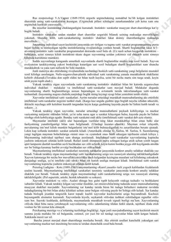 barcha materiya moddiy olamning yalpi xususiyati – in’ikos etish xususiyatiga, ya’ni ta’sirotga javob kaytarish kobiliyatiga egadir. jonsiz tabiatda xarakat jism va moddalarning mexanik, fizikaviy yoki kimyoviy ta’siri tarzida yuz berishi mumkin. noorganik tabiatdagi xarakatning oddiy misollariga e’tibor kiling: dengizdagi koya suvning ta’siriga muayyan karshilik kursatadi – tulkinlar koyaga urilib kaytadi, lekin koyaning uzi xam sekin– asta yemirila boshlaydi; kuyosh nuri suv yuzasiga kelib urilgach, sinib kaytadi; elektr razryadlari natijasida ozon molekulalari xosil buladi.jonli materiyaga in’ikosning biologik shakllari xos bo’lib, jonli materiyaning ma’lum bir boskichida esa in’ikosning yangi shakli sifatidagi psixika paydo buladi.materiya xarakatining biologik shakli–xayot–tabiat rivojlanishining sifat jixatidan yangi boskichidir. ulik materiyadan tirik materiyaga utishni izoxlaydigan kator gipotezalar mavjud. ulardan biri a. i. oparinga tegishli bo’lib, unga kura organik moddalar – atomlari turli shakllarla azotning, kislorod–ning, vodorodning, fosfor va oltingugurtning atamalari bilan boglangan modda uglerod negizida xosil bulgan birikmalarning paydo bo’lishi jonli materiya paydo bo’lishining zarur sharti xisoblanadi. oparinning gipotezasiga …