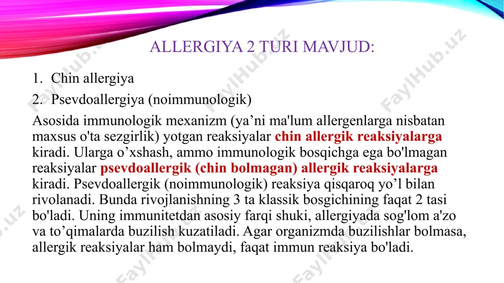 igan allergik reaksiyalar. ular 24-48 soatdan keyin rivojlanadi va oq gon hujayralari bilan bog’liq bo'ladi. shuning uchun ular kitergik reaksiyalar deb nom olgan. asta-sekin sodir boladigan reaksiyalar immunitetning t-tizimi orqali amalga oshadiva sensibilizatsiyalangan t-limfotsitlarning yig'ilishi bilan xarakterlanadi. kumbs va djella tasniflariga muvofiq, allergik reaksiyalar to'rt tipga bolinadi. i tip - tez sodir bo’ladigan allergik reaksiyalar. ii tip - sitotoksik allergik reaksiyalar iiitip -reaksiya immun birikmalar yordamida buzilish reaksiyasi artyus fenomeni tipidagi reaksiyalar iv tip - allergik reaksiyalar sekin-asta yuzaga keladigan o'ta sezgirlik yoki t-hujayrasi orgali yig'iluvchi immun reaksiyalardir. allergik reaksiyalarning rivojlanishida odatda 3 bosqich kuzatiladi. i - «immunogen» (yoki sensibilizatsiya bosqichi). ii - «patokimyoviy (allergiya mediatorlari amalga oshishi) iii - «patofiziologik» (allergik reaksiyalarning namoyon bo'lishi, uning klinik jihatdan yaqqol ko'rinishlari). 1-bosqich immunogen bosqich allergenning immun tizim hujayralari bilan dastlabki kontakti - munosabatidan, immun javobni qo'zg'atishidan boshlanadi. bunda organizmning ushbu antigen- allergenga nisbatan sezuvchanlik - sensibilizatsiya holati rivojlanadi. bu holat malum …