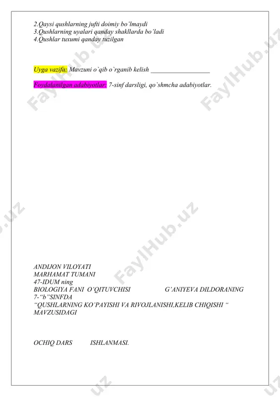 dars ishlanmasi "qushlarning ko`payishi va rivojlanishi" - Page 4