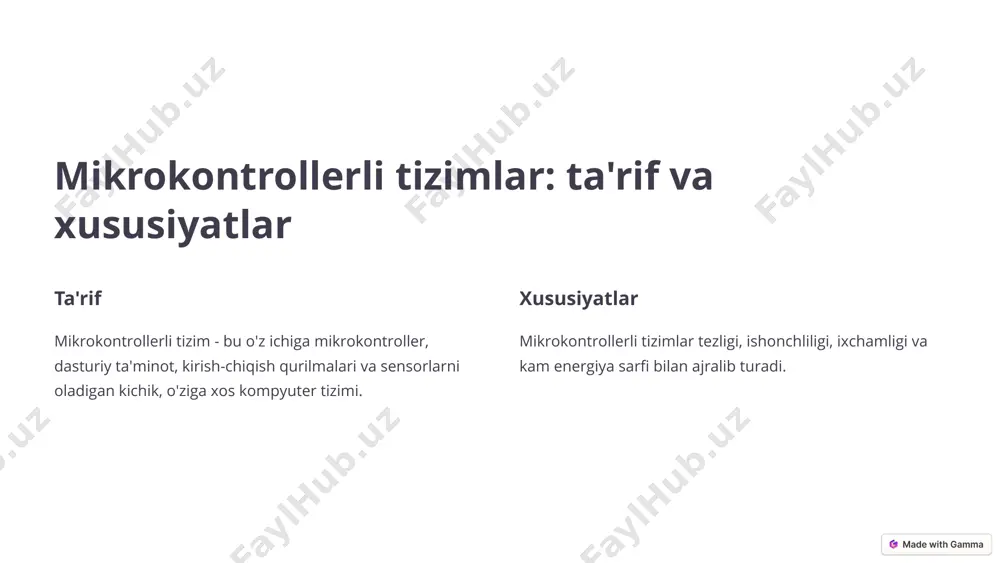 ashxislash uchun bosqichma-bosqich yondashuvni qo'llash muhim. bu sizga muammoning sababini aniqlash uchun tizimning turli qismlarini tekshirishga imkon beradi. birinchi navbatda quvvat manbai va mikrokontrollerni tekshirish muhim. 4 mikrokontrollerli tizimlarni tashxislash: maqsad va ahamiyati nosozliklarni aniqlash mikrokontrollerli tizimlarning to'g'ri ishlamasligining sabablarini aniqlash. tizim ish faoliyatini tiklash nosozliklarni bartaraf etish orqali mikrokontrollerli tizimlarni yana ishga tushirish. muammolarning oldini olish tashxis jarayoni kelajakdagi nosozliklarni oldini olish uchun yordam beradi. 5 tashxis uchun zarur vositalar va uskunalar multimetr elektrik qarshilik, kuchlanish va oqimni o'lchash uchun zarur vosita. o'lchash osilografi signallarni vaqt oralig'ida o'lchash va tahlil qilish uchun ishlatiladi. tekshirish dasturlari mikrokontroller xotirasini va registrlarini tekshirish imkonini beradi. soldering temiri mikrokontrollerli tizimning ta'mirlashida komponentlarni lehimlash uchun ishlatiladi. 6 lehimlashni ta'mirlash - bu metallarni lehimlash orqali yig'ish jarayonidir. lehimlashda eritilgan lehim qotishmasi ) u ikki metall sirtini birlashtirib , ular o'rnini to'ldiradi . bu usul ko ' elektronika va boshqa nozik jihozlarda , chunki u yuqori …