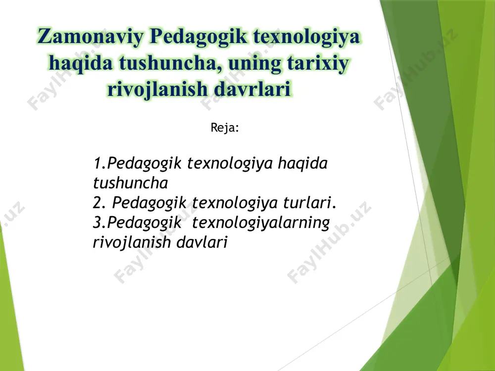 ; pedagogik yo`naltirilgan; shaxsga yo`naltirilgan; insonparvarlikka va shaxsga yo`naltirilgan; hamkorlik texnologiyalariga yo`naltirilgan; erkin tarbiyaga yo`naltirilgan; ezoterik ta’lim va tarbiyaga yo`naltirilgan. pedagogika fani tarixidan ko’rinib turibdiki o’qitish va kadrlar tayyorlashning yanada mukammal metodlarini va usullarini izlash doimiy davom etib kelgan. o’qitish - bu jamiyat taraqqiyoti uchun samarali pedagogning faoliyati yakunlanishi bilan darhol ko’rinmasa ham har qanday boshqa faoliyat kabi ishlab chiqarish faoliyatidir. jamiyat tarixida iqtisodiy davrlar faqatgina nimalar ishlab chiqarilishi, kim tomonidan qancha ishlab chiqarilishi, mehnatning qaysi vositalari bilan ishlab chiqarilishiga qarab farq qilmaydi. ana shu nuqtai nazardan biz ijtimoiy tarixda mavjud bo’lgan “pedagogik rivojlanish davr” larni ko’rib chiqamiz. i. individual pedagog, qo’l bilan ishlaydigan pedagogning pedagogik faoliyati davri (qadimgi davrlardan boshlab xvii asrgacha); ii. yozuv kitobi davri (xvii asrdan hozirgi davrgacha); iii. audiovizual vositalar davri (xx asrning 50 yillari); iv. o’qitishni boshqarishni avtomatlashtirish oddiy vositalari davri (xx asrning 70 yillari); v. zamonaviy hisoblash mashinalari asosida ta’limni boshqarishni avtomatlashtirishda adaptiv vositalar …
