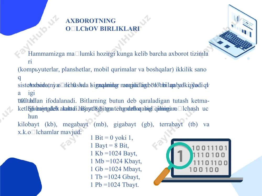 tasiyozuvmashinkasi,arifmometrkabilardaniborat. 3–bosqich.xxasirningboshlarigamansubboʼlib,«elektromexanik»texnologiyalarbilan farqqiladi.uningasosiyvositasisifatidatelegrafvatelefonlardanfoydalanilgan. 4–bosqich.xxasiroʼrtalarigatoʼgʼrikelib,«elektron»texnologiyalarqoʼllanilishibilan belgilanadi.butexnologiyaningasosiyvositasiehmlarvaularningasosidatashkiletiladigan avtomatlashtirilganboshqarishtizimlarivaaxborotizlashtizimlaridir. 5–bosqich.xxasirningoxirigatoʼgʼrikeladi.bubosqichdakompyutertexnologiyalari taraqqiyetdi.ularningasosiyvositasiturlimaqsadlargamoʼljallanganturlidasturiyvositalarga egaboʼlganshaxsiykompyuterlardir. jаmiyatni аxborotlаshtirish jamiyatniaxborotlashtirishdeganda,axborotdaniqtisodnirivojlantirish,mamlakat fan-taxnika taraqqiyotini, jamiyatni demokratlashtirish va intellektuallashtirish jarayonlarini jadallashtirishni taʼminlaydigan jamiyat boyligi sifatida foydalanish tushuniladi. darxaqiqat, jamiyatni axborotlashtirish - inson hayotining barcha jabxalarida intellektualfaoliyatningrolinioshirishbilanbogʼlikobʼektivjarayonhisoblanadi. jamiyatni axborotlashtirish respublikamiz xalqi turmush darajasining yaxshilanishiga, ijtimoiy ehtiyojlarning qondirilishiga, iqtisodning usishi hamda fan- texnikatarakkiyotiningjadallashishigaxizmatqiladi. jamiyatniaxborotlashtirishjaraenini5asosiyyoʼnalishgaajratishmumkin: mexnat, texnologikva ishlabchiqarish jarayonini avtomatlash- tirish ilmiytadkikotlar, loyihalashva ishlabchiqarishni axborotlash-tirish tashkiliy- ‘iqtisodiy boshqarishni axborotlashtirish аxoliga xizmat koʼrsatish soxasini axborotlashtirish talimva kadrlar tayorlash jarayonini axborotlashtirish автоматлаштириш тушунчаси автоматлаштириш–дегандаинсоништирокисизбирорбирмаҳсулотниишлабчиқаришёки хизматкўрсатиштушунилади. ишлаб чиқаришни автоматлаштириш – машиналаштирилган ишлаб чиқаришни назорат қилиш ва бошқариш ишларини автоматик қурилмалар зиммасига юклаш ҳисобланиб, ишлаб чиқаришнимеханизациялаштиришнингюқорибосқичи. фанватехникатараққиёт