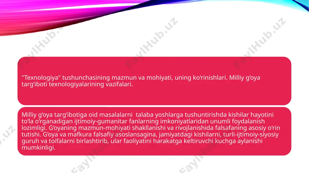 azmuni. milliy g‘oyani targ‘ib qilishning an’anaviy va zamonaviy yo‘nalishlari. uni tushunarli, hammabop texnologiyalar asosida ommalashtirish. yangi zamonaviy texnologiyalarni milliy g‘oya takomilida alohida nisbatga egaligi. zamonaviy texnologik uslublar to‘g‘risida an’anaviy nazariyalar, modernizatsiya jarayonlari. milliy g‘oya targ‘ibotida zamonaviy texnologiyalarning asosiy vazifasi milliy g‘oya targ‘ibotida zamonaviy o‘zaro muloqot, bahs, munozara, masofali o‘qitish, "ekspert baholash" usuli, "klaster" usuli, "sinkveyn" usuli, "o‘yinlar nazariyasi" usuli, "aqliy hujum" usuli, “menyu” usuli va shu kabi interfaol usullarni tashkil qilish uslublaridan foydalanishning ahamiyati. milliy g‘oya targ‘iboti faninin o‘qitishda interfaol usullarning o‘ziga xos jihatlari. interfaol usullarning o‘quv tarbiyaviy masalalarini echishdagi qiyosiy imkoniyati. interfaol usullarni tanlashda mavzudan ko‘zlangan maqsad, mazmunga moslashish, talaba va o‘qituvchining imkoniyatlari. interfaol usullar ta’lim tarbiya, rivojlantirish masalalarini echishga yuqori darajada yo‘naltirilganligi. o‘qitish usullaridan foydalanishda pedagogning shaxsiy imkoniyatlari va o‘quv jarayonini tashkil etish shakllari bilan mos kelishi. interfaol usullarning pedagogik texnologiya tamoyillariga mos kelishi. milliy g‘oya targ‘ibotida "jamoatchilik bilan aloqalar" tushunchasi, ma’no va mazmuni. milliy g‘oya targ‘ibotida jamoatchilikning …