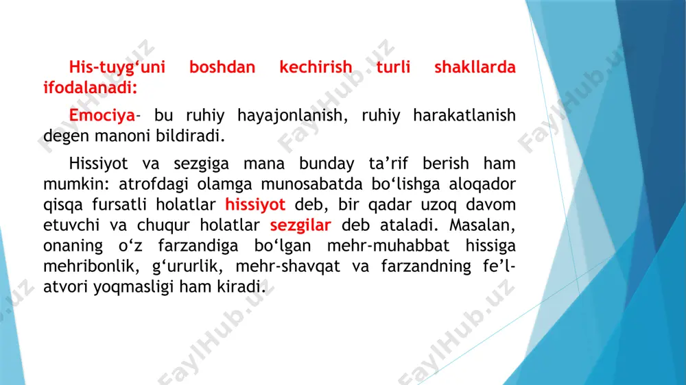 oki muvaffaqiyatsizlik va hokazo hislarini boshdan kechirilishi tushuniladi. axloqiy his-tuyg‘ular shaxsning boshqa odamlarga, mehnat va o‘quv jamoasiga hamda ijtimoiy burchlariga bo‘lgan munosabatlarida ifodalanadi. axloqiy his-tuyg‘ular o‘z tarkibiga mas’uliyat, javobgarlik, fidoiylik, vijdon, adolat, ibo, iffat, or-nomus, uyalish, simpatiya, empatiya, g‘urur, o‘rtoqlik, muhabbat kabilarni kiritadi. intellektual his-tuyg‘ular shaxsning haqqoniy, jonli, mantiqiy fikrlarida, soxta, yuzaki, ajablanarli, shubhali kabi mulohazalarga nisbatan munosabatida ifodalanadi. hayajonlanish, ajablanish, qiziqish, hayratlanish, lol qolish, shubhalanish, shodlanish kabi intellektual hislari hisoblanadi. estetik his-tuyg‘ular nafosat me’yorlarida o‘ziga xos badiiy lazzatlanish, go‘zallikni his qilish holatida kechib, u fojiali yoki kulguli, yoqimli yoki yoqimsiz, go‘zallik yoki xunuklik kabi holatlar tarzida munosabatda bo‘ladi. yuqorida tilga olingan his-tuyg‘u turlari uyg‘unlashgan holda birlashib namoyon bo‘lsa, yuksak his-tuyg‘ular deyiladi. /docprops/thumbnail.jpeg