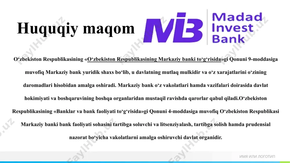 moaviylik – bu murakkab masalalar vujudga kelganda biz barchamiz kuchlarimizni safarbar etib, yagona muvofiqlashtirilgan mexanizm bo‘lib ishlashga bo‘lgan ishonchimiz; jamoa a’zolariga g‘amxo‘rlik. u yoki bu qarorning jamoa a’zolariga bo‘lgan ta’siri haqida qayg‘urish; bu shunday tushunchaki, “kuchli jamoa – muvaffaqiyatimiz garovidir”; bu - hamkasblarni qo‘llab-quvvatlash, hamjixatlik, o‘zaro yordamga xozirlik, hamkasblarning “elkadoshligini” his qilish; markaziy bankning muvaffaqiyatlarga erishishida, uning jamoasi a’zosi bo‘lishdan faxrlanishdir. имя или логотип 10 pul agregatlari* mlrd. so‘m sana keng ma’nodagi pul massasi1) shu jumladan: milliy valyutadagi pul massasi shundan: chet el valyutasidagi depozitlar, milliy valyuta ekvivalentida tor ma'nodagi pul massasi (м1)2) shundan: milliy valyutadagi boshqa depozitlar muomaladagi naqd pullar (m0) milliy valyutagadi talab qilib olinguncha depozitlar 1 2=9+8 9=4+7 4=5+6 5 6 7 8 01.02.2019 24 499 18 901 12 589 5 766 6 829 6 912 5 592 01.09.2019 24 502 18 949 12 792 6 006 6 726 6 211 5 559 01.04.2019 24 982 19 …
