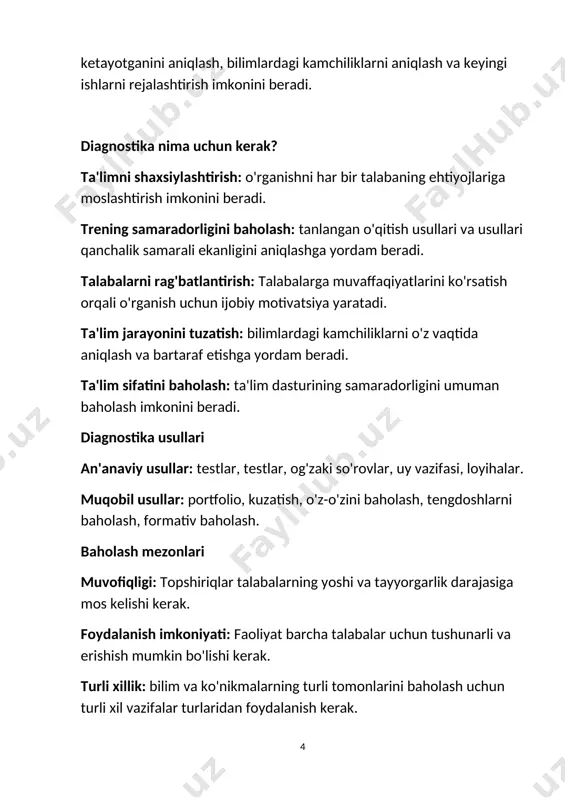 lar va vositalarni tanlash. diagnostika o'tkazish: tanlangan usullarni amalga oshirish. natijalarni tahlil qilish: olingan natijalarni belgilangan mezonlar bilan solishtirish. natijalarni sharhlash: talabalarning kuchli va zaif tomonlarini aniqlash, proksimal rivojlanish zonalarini aniqlash. qaror qabul qilish: o'quv jarayonini tuzatish, individual o'quv rejalarini ishlab chiqish. diagnostikaning hozirgi tendentsiyalari raqamli texnologiyalardan foydalanish: onlayn test, moslashuvchan ta'lim, katta ma'lumotlarni tahlil qilish. portfolio yaratish: talabalarning yutuqlarini namoyish qilish uchun ishini to'plash. loyiha faoliyati: talabalarning murakkab muammolarni hal qilish qobiliyatini baholash. o'z-o'zini hurmat qilish va tengdoshlarini hurmat qilish: metakognitiv qobiliyatlarni rivojlantirish. ta'lim jarayonining xususiyatlari ta'lim jarayoni - bu o'qituvchi va talabaning o'zaro munosabatlarining murakkab va dinamik jarayoni bo'lib, bilimlarni uzatish, ko'nikmalarni shakllantirish va shaxsni rivojlantirishga qaratilgan. u doimo ijtimoiy, madaniy, texnologik va boshqa omillar ta'sirida o'zgarib turadi. ta'lim jarayonining asosiy xususiyatlari maqsad: o'qitishning har bir bosqichida ma'lum natijalarga erishishga qaratilgan aniq maqsad mavjud. tizimlilik: ta'lim jarayonining barcha tarkibiy qismlari o'zaro bog'liq va yagona tizimni tashkil qiladi. faoliyat: …
