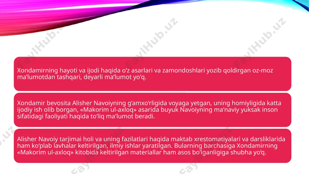 g hayratlanishi”) 1483-yilda yaratilgan edi. doston 3988 baytdan iborat bo„lib, 63 bob, 20 maqolat va 20 hikoyatdan tashkil topgan. shundan kirish (muqaddima) 21 bobni o`z ichiga oladi. dostonning birinchi bobi qur‟oni karimdagi bosh ilohiy jumla “bismillohir rahmonir rahim” (“mehribon va rahmli olloh nomi bilan boshlayman”)ning poetik sharhiga bag„ishlangan. bu bob nafaqat “hayrat ul-abror” uchun, balki umuman “xamsa” uchun ham kirish vazifasini o`taydi, chunki keyingi dostonlarda biz bu ilohiy jumlani uchratmaymiz. image2.png image1.png /docprops/thumbnail.jpeg