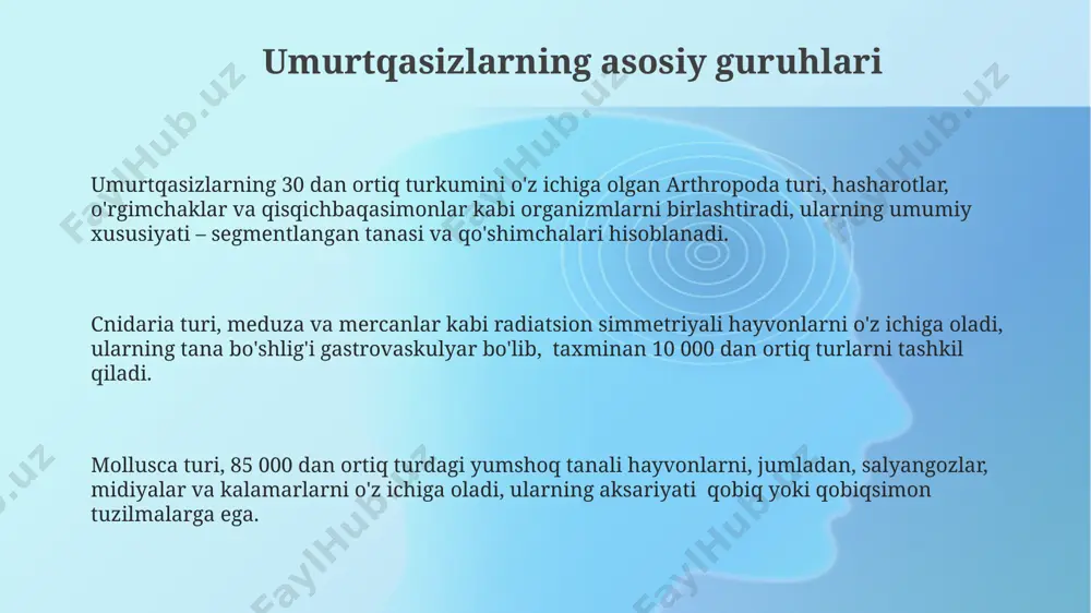 ab guruhini tashkil qiladi. umurtqali hayvonlar 7 sinfga bo'linadi: baliqlar, amfibiyalar, sudralib yuruvchilar, qushlar, sutemizuvchilar va ikkita kam uchraydigan sinf – agnatha va placodermlar. qushlar sinfi taxminan 10 000 dan ortiq turga ega bo'lib, ularning aksariyati uchuvchi hayvonlardir, lekin ba'zilari uchish qobiliyatini yo'qotgan. ularning skeleti engil va kuchlidir. umurtqasizlar va umurtqali hayvonlarning farqlari umurtqalilarning skeleti suyaklardan yoki xaftaga tushadigan to'qimalardan tashkil topgan bo'lib, umurtqasizlarda esa skelet tashqi qobiq yoki gidrostatistik bosim kabi boshqa tuzilmalar orqali ta'minlanadi. umurtqasizlar hujayralarining yadrosi oddiy tuzilgan bo'lsa, umurtqalilar hujayralarining yadrosi murakkabroq va kattaroq bo'ladi, bu ularning rivojlanish darajasidagi farqni ko'rsatadi. umurtqalilarning asab tizimi markazlashgan va miya va orqa miya kabi murakkab tuzilmalarni o'z ichiga oladi, umurtqasizlarda esa asab tizimi sodda tarmoq yoki ganglionlar shaklida bo'ladi. umurtqasizlar va umurtqali hayvonlarning o'xshashliklari umurtqasizlar va umurtqalilarning ikkalasida ham hujayralarni birlashtiruvchi to'qimalar, masalan, biriktiruvchi to'qima mavjud bo'lib, ular tananing tuzilishi va funksiyasi uchun muhim ahamiyatga ega. na umurtqasizlar, na …