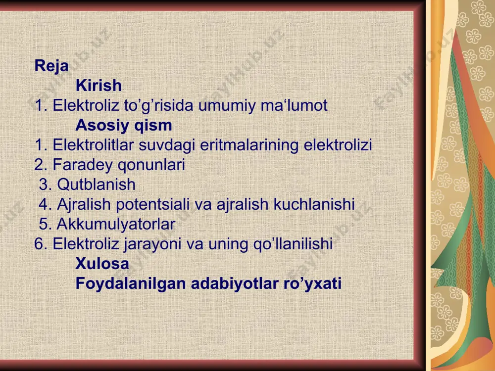 gan katod jarayonlarni ko’zdan kechirishda birinchi navbatda vodorod ionlarining qaytarilish potentsialini nazarda tutish kerak. bu potentsialning qiymati vodorod ionlar konsentratsiyasiga, binobarin, eritmadagi ph ga bog’liq: e = 0,059lg [h+] yoki e = - 0,059 ph neytral muhit uchun ph = 7; binobarin: e = - 0,059 · 7 = - 0,41в. demak, agar elektrolit kationini tashkil qiluvchi metallning normal potentsiali – 0,41v dan ko’ra musbatroq bo’lsa, neytral eritmaning elektrolizida katodda ayni metall ajralib chiqadi. bunday metallar kuchlanishlar qatorida vodorodga yaqin turadi (masalan qalay). agar elektrolitni tashkil qilgan metallning elektrod potentsiali – 0,41v ga qaraganda ancha manfiy bo’lsa, katodda albatta vodorod ajralib chiqadi. elektrolitlar suvdagi eritmalarining elektrolizi suyuqlantirilgan elektrolitlarning elektrolizi bilan elektrolitlar eritmalarining elektrolizini bir-biridan farqlash lozim. elektrolitlar eritmalarining elektrolizi jarayonlarida suv molekulalari ham ishtirok etishi mumkin. misol uchun nacl ning suvdagi konsentrlangan eritmasining elektrolizini ko`rib chiqamiz. bu holda eritmada gidratlangan na+ va cl- ionlari, shuningdek, suv molekulalari bo`ladi. eritma orqali …