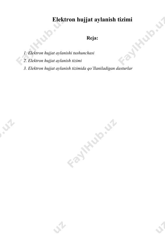 mashinasi, qo’l yoki axborot kommunikatsiya vositalari yordamida tushirilgan qandaydir ma’no beruvchi so’zlar ketma-ketligidir. • tovushli hujjatlar. ovoz yozish vositalari yordamida yozib olingan tovushli axborot. • tasvirli hujjatlar. fotosurat, rang tasvir mahsuli. elektron hujjat o’zbekiston respublikasining “elektron hujjat aylanishi to’g’risida”gi 2004 yil 29 apreldagi 611-ii son qaroriga binoan quyidagicha ta’riflanadi. elektron shaklda qayd etilgan, elektron raqamli imzo bilan tasdiqlangan va elektron hujjatning uni identifikatsiya qilish (tanib olish) imkoniyatini beradigan boshqa rekvizitlariga (ma’lumotlarga) ega bo’lgan axborot elektron hujjatdir. elektron hujjat texnika vositalaridan va axborot tizimlari xizmatlaridan hamda axborot texnologiyalaridan foydalanilgan holda yaratiladi, ishlov beriladi va saqlanadi. elektron hujjat elektron hujjat aylanishi ishtirokchilarining mazkur hujjatni idrok etish imkoniyatini inobatga olgan holda yaratilishi kerak. odatda hujjatlarni an’anaviy tarzda almashish jarayonida pochta xizmati muhim rol o’ynaydi. chunki pochta xizmatining asosiy vazifasi jo’natmalarni o’z manzillariga etkazib berishdan iboratdir. ushbu holatda hujjatlar konvertga solinadi va aloqa bo’limiga topshiriladi. shundan so’ng pochta xizmati xodimlari tomonidan hujjat kerakli manzilga …