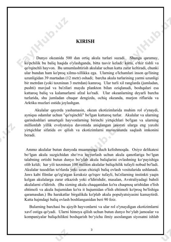 a akula qanotlari savdosini taqiqlamoqda. i bob. akulaning anatomiyasi, xilma-xilligi va evolutsiyasi 1.1 akulaning anatomiyasi ularning kattaligidan qat'i nazar, barcha akulalar bir xil anatomiyaga ega. boshqa elasmobranxlar (shuningdek, nurlar va skeytlarni o'z ichiga olgan hayvonlarning pastki sinfi) singari, akulalar ham xaftaga - inson burunlari va quloqlarini tashkil etuvchi qattiq, ammo moslashuvchan materialdan yasalgan skeletga ega. bu elasmobranxlarning o'ziga xos xususiyati, chunki ko'pchilik baliqlar suyakdan yasalgan skeletga ega. kıkırdak suyakka qaraganda ancha engilroqdir, bu esa akulalarga kam energiya sarflagan holda suzish va uzoq masofalarda suzish imkonini beradi. har bir akulaning jag'larini qoplagan bir necha qator tishlari ham bor. hayoti davomida cheklangan miqdordagi tishlarga ega bo'lgan odamlardan farqli o'laroq, akulalar doimiy ravishda tishlarini to'kadi va ularni yangilari bilan almashtiradi. akula hayoti davomida minglab tishlarini yo'qotishi va o'rnini bosishi mumkin! biroq, barcha akula tishlari bir xil emas. ba'zilar baliqni suvdan tortib olish uchun uchli tishlarga ega. boshqalar esa yirtqichlarning bo'laklarini tishlash uchun ustaradek …