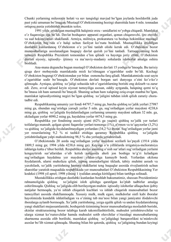 si hamda atmosfera havosidan foydalanishga qaratilgan ilmiy jihatdan davlat dastur va rejalari, qonunchilik hujjatlari qoida-talablari yig`indisidan iboratdir. tabiiy resurslardan foydalanish bilan bog`liq umummajburiy qonunchilik hujjatlari qoida- talablari foydalanish ahamiyatidagi, ijtimoiy ekologik munosabatlarni tartibga soladi. aholining ekologik havfsizligini ta’minlash - antropogen ta’sirlar natijasida paydo bo`ladigan ekologik vaziyati va ofati mintaqalarida barqaror tabiiy muhitni saqlash, aholining hayoti va sog`lig`iga ta’sir ko`rsatuvchi ekologik havfli va zararli ta’sirlarni oldini olish bilan bog`liq keng qamrovli chora-tadbirlar tizimidan iborat. ekologik havfsizlik o`n yillar davomida respublikamiz hududida tabiiy resurslardan oqilona foydalanmaslik va tabiatni muhofaza qilish qoida talablariga amal qilmaslik sharoitida xalq xo`jaligi sohalarida olib borilgan ishlab chiqarish jarayoni natijasida yuzaga keidi. ekologik havfsizlik- tabiat-jamiyat tizimining barqaror holati bo`lib, bunda atrof tabiiy muhit, tabiiy resurslar holati, jamiyat hayoti vainson sog`lig`ga havfli ta’sirlarni oldini olishni ko`zda tutadi. ekologik havfsizlikni ta`minlash bilan bog`liq huquqiy munosabatlar tizimi- ftrof tabiiy barqarorligi, aholining sog`lig`iga havfli ta’sir etuvchi omilarni kamaytirish, oldini olish, cheklash va …