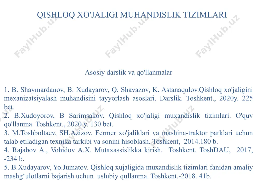 attiq jism deb hisoblangan metall bilan faqat jonli jismlarga ta’sir ko‘rsatamiz. jonli jismlar to‘g‘risida mulohaza yuritamiz. dehqonchilik ishlari dastlab tuproqqa ishlov berishdan boshlanishi hammamizga ma’lum. tuproq jonli muhit. bir gektar maydondagi 20-25 sm chuqurlikdagi tuproqda o‘rtacha 3,0-3,5 tonna turli xil bakteriyalar yashaydi. tuproqning gumusli ekanligi ham shu bakteriyalar miqdori bilan baholanadi. o‘simliklar esa ana shu bakteriyalar bilan oziqlanadi. o‘simlik qoldiqlari, jumladan poyasi, bargi tuproqqa qaytarib berilsa, ya’ni ko‘milsa, ular havosiz muhitda chirib, gumusga aylanadi. demak, tuproq o‘simlik qoldiqlari bilan oziqlanadi. 5430100-qishloq xo‘jaligini mexanizatsiyalash yo‘nalishida ta’lim yo‘nalishida o’rganiladigan fanlar 1-bosqich 4-bosqich 3-bosqich 2-bosqich qishloq xo’jaligi muhandislik tizimlari muhandislik grafikasi kimyo oliy matematika xorijiy til o’zbekiston tarixi fizika jismoniy tarbiya malakaviy amaliyot materialshunoslik va konstruksion materiallar texnologiyasi tuproqshunoslik va dehqonchilik asoslari termodinamika va issiqlik uzatish asoslari gidravlika va gidravlik mashinalar materiallar qarshiligi nazariy mexanika chorvachilik asoslari falsafa axborot texnologiyalari mashina detallari va loyihalash asoslari traktor va avtomobillar qishloq xo’jaligi mashinalari bog’dorchilik va …
