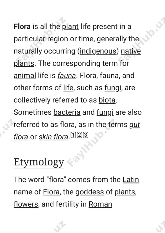 l appearance of a community) and flora (the taxonomic composition of a community) was first made by jules https://en.m.wikipedia.org/wiki/roman_mythology https://en.m.wikipedia.org/wiki/metonymy https://en.m.wikipedia.org/wiki/vegetation https://en.m.wikipedia.org/wiki/jules_thurmann thurmann (1849). prior to this, the two terms were used indiscriminately.[6][7] plants are grouped into floras based on region (floristic regions), period, special environment, or climate. regions can be distinct habitats like mountain vs. flatland. floras can mean plant life of a historic era as in fossil flora. lastly, floras may be subdivided by special environments: native flora. the native and indigenous flora of an area. flora classifications https://en.m.wikipedia.org/wiki/jules_thurmann https://en.m.wikipedia.org/wiki/phytochorion https://en.m.wikipedia.org/wiki/habitat agricultural and horticultural flora (garden flora). the plants that are deliberately grown by humans. weed flora. traditionally this classification was applied to plants regarded as undesirable, and studied in efforts to control or eradicate them. today the designation is less often used as a classification of plant life, since it includes three different types of plants: weedy …
