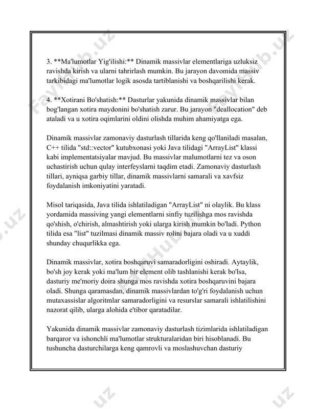 shundaki, c++ va javadagi dinamik massivlar real vaqt tizimlarida yoki katta hajmdagi ma'lumotlar bilan ishlaydigan dasturlarda ishlatilganda, javob vaqtida biroz kechikish kuzatilishi mumkin. bu kechikish massiv hajmini oshirish jarayonida yuzaga keladi. foydalanuvchilar uchun asosiy e'tibor qaratilishi kerak bo'lgan narsa – ushbu jarayonlar fon xotira vaqti va qobiliyatlaridan qanday foydalanishini tushunishdir. python dasturlash tili bo'yicha esa `list` obyekti dinamik massiv sifatida ishlaydi. python uchun ham xuddi javada bo‘lgani kabi sxema bo‘yicha massivlar hajmi oshiriladi. masalan, pythonning qayta o'sish tizimi odatiy holatda belgilangan hajm tugaganda mavjud hajmning 1.125 (1/8) qismi hisobida o'sirilishi mumkin. shu sababli, python list tuzilmasi ma'lumotlarga qo'shimcha kiritish va qaytarish operatsiyalarida yengilroq va qulayroq bo'ladi. dinamik massivlar ma'lumotlarni saqlash va ularga tez kirish imkoniyatini ta'minlash sifatida keng qo'llaniladi. ular, ayni paytda massivdan ma'lumot olib tashlash yoki ularni kiritish zarur bo‘lib turganda juda mos keladi. xususan, katta hajmdagi ma'lumotlar bilan ishlashda, massivning ortiqcha hajm yoki kamlik muammosi mavjud. ko‘rinib turibdiki, …
