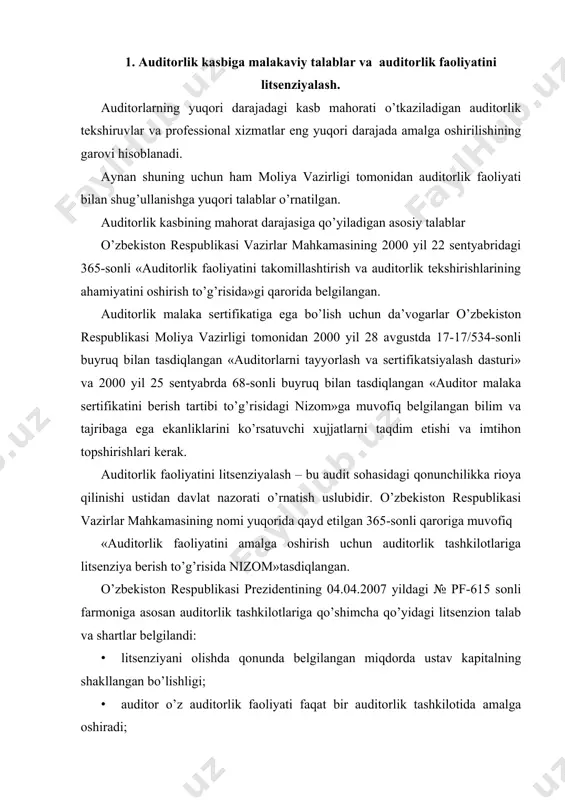 i olishda qonunda belgilangan miqdorda ustav kapitalning shakllangan bo’lishligi; · auditor o’z auditorlik faoliyati faqat bir auditorlik tashkilotida amalga oshiradi; · litsenziya turiga qarab auditorlik tashkilotida auditorlar (kamida 2, 4, 6 ta) bo’lishi kerak; · shtatdagi auditorlarda xalqaro buxgalterlik sertifikatlari(kamida 1-2) bo’lishligi; · o’zbekiston respublikasi moliya vazirligidan auditorlik tashkilotlari rahbarlari har uch yilda attestatsiyadan o’tishligi; · auditorlik tashkilotlarida ichki ish sifati standartlarining mavjud bo’lishligi · har yarim yilda moliya vazirligiga tegishli shaklda auditorlik faoliyati haqida ma’lumotlarning berilishi. ushbu nizomga muvofiq o’zbekiston respublikasi hududida auditorlik faoliyati bilan auditorlik faoliyatini amalga oshirish uchun maxsus ruxsatnoma (litsenziya) mavjud bo’lgan taqdirdagina amalga oshiriladi. auditorlik tashkilotlarining professional xizmatlari esa bundan mustasno. auditorlik faoliyatini litsenziyalash moliya vazirligi tomonidan amalga oshiriladi. auditorlik faoliyatini amalga oshirish uchun litsenziya berish, litsenziya berishni rad etish, litsenziyaning amal qilish muddatini to’xtatish, bekor qilish, to’xtatib turish yoki amal qilishini tiklash to’g’risidagi qaror moliya vazirligining buyrug’i bilan rasmiylashtiriladi. auditorlik tashkilotlari litsenziya olish uchun …