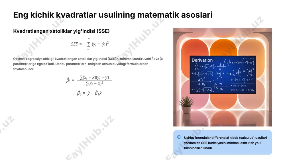 a va kovariatsiya tushunchalariga tayanadi. ushbu yondashuv modelning o'zgaruvchilar orasidagi o'zaro bog'liqlikni aniq va miqdoriy jihatdan ifodalashga imkon beradi. oddiy chiziqli modelning asoslari va uning formulasi 1 model strukturasi ushbu modelda y bog'liq o'zgaruvchini, x esa mustaqil o'zgaruvchini ifodalaydi. ε tasodifiy xatolik (yoki xatolik haddi) bo'lib, modelda hisobga olinmagan barcha omillar ta'sirini aks ettiradi. 2 parametrlarning talqini β₀ — kesishma nuqtasi (intercept): model chizig'ining y-o'qini kesib o'tish nuqtasini anglatadi. boshqacha aytganda, mustaqil o'zgaruvchi x nolga teng bo'lgan holatda bog'liq o'zgaruvchi y ning kutilayotgan qiymatini bildiradi. β₁ — chiziqning qiyaligi (regressiya koeffitsienti): mustaqil o'zgaruvchi x bir birlikka o'zgarganda, bog'liq o'zgaruvchi y ning kutilayotgan o'zgarish miqdorini ko'rsatuvchi muhim koeffitsient. ε — tasodifiy xatolik (error term): nazariy modelda hisobga olinmagan va tasodifiy xarakterga ega bo'lgan barcha tashqi omillarning bog'liq o'zgaruvchiga ta'sirini aks ettiradi. bizning asosiy vazifamiz — eng kichik kvadratlar usuli (ekku) yordamida β₀ va β₁ parametrlarning eng optimal qiymatlarini aniqlash hamda ularning …