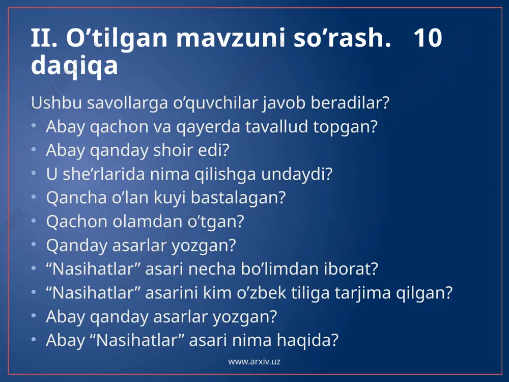 1933-1935 yillarda ………institutda tahsil oladi. hind mavzusidagi she’rlari uchun ……… mukofoti bilan taqdirlangan. 1. zulfiya …-yil olamdan o’tgan. 2. zulfiyaning birinchi she’riy to’plami … yoshida chiqqan. 3. ilk she’ri nomi ………. 4. zulfiyaning umr yo’ldoshi…… yili vafot etdi. 5. ushbu ………..yozuvchilarning asarlarini o’zbek tiliga tarjima qilgan? 1-guruh uchun 2-guruh uchun guruhlar bilan mavzuni mustahkamlaymiz. nuqtalar o’rniga hayotidagi muhim sana va atamalarni joylashtiring. qani qaysi guruh birinchi javoblarni topa oladi? www.arxiv.uz v. o’quvchilarni baholash. 5 daqiqa guruhlarga o’rinlar berib, darsda faol qatnashgan o’quvchilarni rag’bat tarqatmalarini hisoblab, oqilona baholaymiz. vi. uy vazifa berish 2 daqiqa uyga zulfiya hayoti va ijodini o’qib, u haqida yana internetdan yangi ma’lumotlar olish berib darsni yakunlaymiz. www.arxiv.uz e’tiboringiz uchun rahmat! www.arxiv.uz image22.jpeg media1.mp3 image23.jpeg image24.png image25.jpeg media2.mp3 image26.png image1.png image12.jpeg image19.png image6.jpeg image7.png