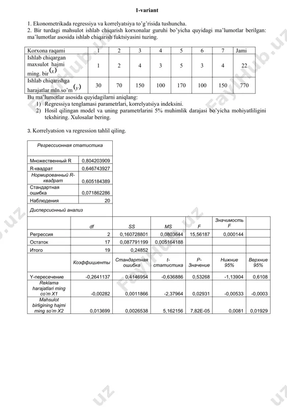 анный r-квадрат 0,702981843 стандартная ошибка 16,38126011 наблюдения 16 дисперсионный анализ df ss ms f значимость f регрессия 2 10063,4899 5031,7449 18,7509 0,000148 остаток 13 3488,493877 268,34568 итого 15 13551,98378 коэффициен-ты стандарт-ная ошибка t-статис-тика p-значе-ние нижние 95% верхние 95% y-пересечение -215,05 43,935527 -4,894675 0,00029 -309,967 -120,133 асосий фондлар баҳоси, х1 5,925538 3,538862 1,6744191 0,11792 -1,71971 13,5708 ишчилар сони, х2 2,463365 0,487110 5,0570956 0,00022 1,411027 3,5157 3-variant 1.eng kichik kvadratlar usuli, u qanday maqsadlarda qo’llaniladi. 2.respublikada ishlab chiqarilgan iste’mol tovarlarining qiymati haqida ma’lumotlar keltirilgan: yillar 2013 2014 2015 2016 2017 2018 2019 2020 iste’mol tovarlari, mlrd. so’m. 921,5 1339,4 1821,4 2094,8 2428,1 2983,2 4161,6 5478,1 berilgan ma’lumotlar asosida: 1. to’rt yillik sirg’anchiq o’rtachalarni aniqlang; 1. analitik tekislang; 1. approksimatsiya o’rtacha xatosini aniqlang. 3. korrelyatsion va regression tahlil qiling. регрессионная статистика множественный r 0,989015 r-квадрат 0,97815 нормированный r-квадрат 0,974509 стандартная ошибка 1,104837 наблюдения 15 дисперсионный анализ df ss ms f значимость f регрессия …