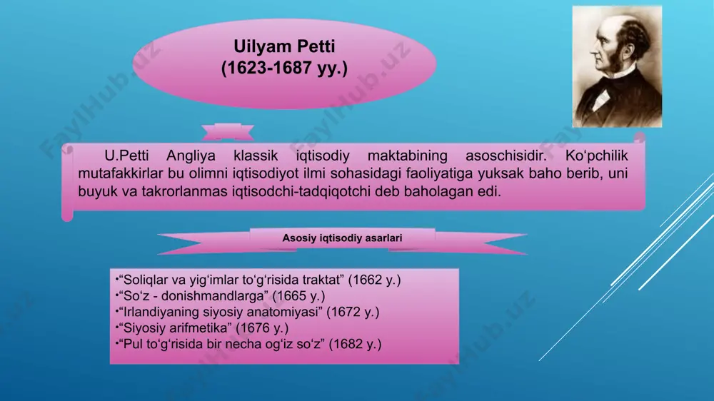 ha turli islohotlar o‘tkazilib, 1707 yilda esa uning g‘oyalari uch qismdan iborat bo‘lgan. asosiy iqtisodiy g‘oyalari soliq tizimini o‘tkazish ichki savdoni har xil cheklashlardan ozod qilish donning erkin so-tilishiga yo‘l berish, donga tabiiy baho ta’sirini cheklamaslik soliq tizimining dehqonlar mehnatidan manfaatdorlik tamoyiliga asoslanishi, undan tashqari soliq barchaga tegishli bo‘lish ichki bozorni kengaytirish, mehnat taqsimotining o‘sishini ta’minlash, tovar-pul muomalasini kuchaytirish. iqtisodiyot erkin bozor iqtisodiyoti sharoitida rivojlanishi va “haqiqiy qiymat”ga ega bo‘lishi kerak. p.buagilberning iqtisodiy qarashlari fransiya xalq xo‘jaligining tushkunlikka tushishining asosiy sababi merkantnlizm iqtisodiy siyosati deb ko‘rsatib beradi; iqtisodiy o‘sish va davlat boyligining asosiy-qishloq xo‘jaligi ishlab chiqarishining rivojlanishi, deb hisobladi; dehqonlar manfaatlaridan kelib chiqqan holda, soliq tizimida islohotlar o‘tkazish zarur, deb qaradi; davlatning iqtisodiy hayotga bema’ni aralashuvini inkor etadi va erkin don savdosini joriy etishni talab qilib chiqadi; tarmoqlar o‘rtasidagi mehnat taqsimoti erkin raqobat natijasida bo‘lishi kerak, deb hisobladi; pulning faqat ayirboshlash vositasi funksiyasi tan olinadi. fransua kene (1694-1774y.) ann rober …