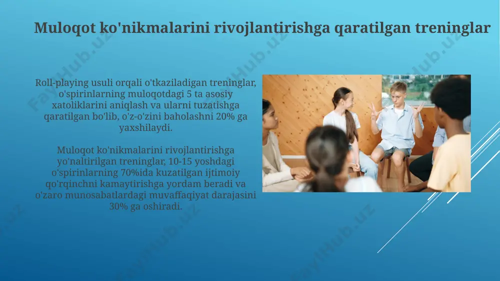 ivojlanishida psixologik treninglarning ahamiyati ijtimoiy moslashuvchanlikni oshirishda individual psixologik treninglar samaradorligi 60% ga etadi, bu o'smirlarning tengdoshlari bilan munosabatlarini yaxshilashga yordam beradi. o'smirlarning o'ziga ishonch hissini 20-30% ga oshirishda psixologik treninglar muhim rol o'ynaydi, ijtimoiy qo'rquv va xavotirlarni kamaytiradi. tengdoshlar bilan munosabatlarni tartibga solish adolesentlarning 70% i tengdoshlari bilan konstruktiv muloqotga asoslangan muammolarni hal qilish strategiyalarini o'rganish orqali konfliktlarni samarali boshqarishni o'rganadilar. tengdoshlar munosabatlarida salbiy muloqot uslublarini (masalan, haqorat, tahdid) 30% ga kamaytirishga qaratilgan rollar o'ynash mashqlari o'quvchilarning empatiya va muloqot ko'nikmalarini rivojlantiradi. e'tiboringiz uchun rahmat @taqdimot_robot image1.jpg image2.jpg image3.jpg image4.jpg image5.jpg image6.jpg image7.jpg image8.jpg image9.jpg image10.jpg image11.jpg image12.jpg image13.jpg image14.jpg image15.jpg