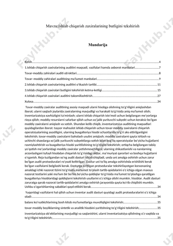 rat. shuningdek, hisobot ko’rsatkichlarining ishonchliligini va tovarmoddiy zaxiralar bilan bog’liq muomalalar hisobi va soliqqa tortish uslubining o’zbekiston respublikasida amal qilayotgan qonunchilik hamda me’yoriy hujjatlarga muvofiqligini aniqlash lozim. ushbu maqsadga muomalalar mohiyatini, hamda nazorat tuzulmasi va buxgalteriya hisobi tizimini tekshiruvdan o’tkazish va risklarni baholash orqali erishiladi. zaxiralarni tekshirish, ular hajmi katta bo’lgan korxonalarda auditning asosiy qismi deb qaraladi. yaqin paytga qadar amalda bo'lgan “auditorlik faoliyati to'g'risida”gi qonun 2000 yilda qabul qilingan. so'nggi 20 yil ichida bu bozorda katta o'zgarishlar ro'y bergani va qator islohotlar amalga oshirilgani tufayli u bugungi kun talabiga to'liq javob bermasligi ayon bo'lib qolgan edi. zamonaviy talablar va xalqaro amaliyot printsiplariga asoslangan auditorlik faoliyatini tartibga solishning samarali tashkiliy-huquqiy mexanizmini yaratish, qoida va normalarni hamda me'yoriy hujjatlarni yagona normativ-huquqiy hujjatda unifikatsiyalash va tizimlashtirish maqsadida 2021-yil 25-fevralda yangi tahrirdagi “auditorlik faoliyati to'g'risida”gi qonun qabul qilindi. qonun bozor iqtisodiyoti talablariga javob beradigan auditorlik xizmatini tashkil etishga, ushbu kasbning nufuzini va ular …