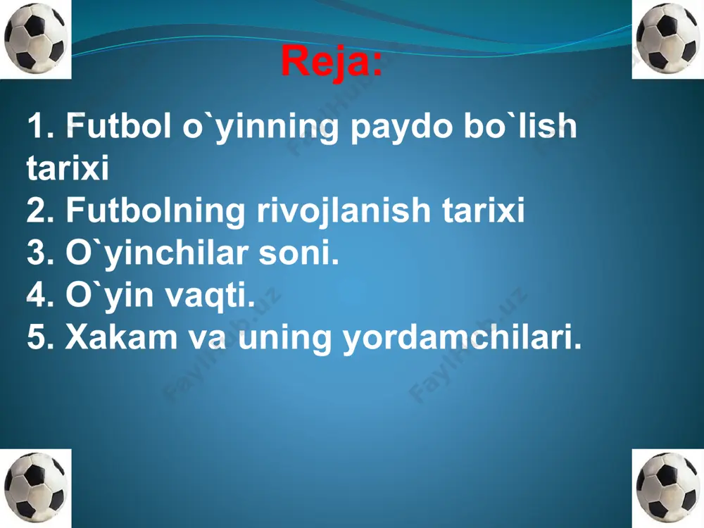 1954 yildan beri evropa futbol ittifoqi uefa ham ishlab turibdi. unga 50 ga yaqin mamlakat a`zo bo`lib kirgan. 1930 yildan beri har to`rt yilda jaxon chepionati, 1958 yildan beri esa evropa chempionati utkazilib kelinmoqda 1908 yili futbol olimpiya o`yinlari dasturiga kiritildi. uefa raxbarligida quydagi kubok o`yinlari o`tkazilib turadi: evropa chempionlari kubogi (1956 yildan beri). kubok egalari kubogi (1961 yildan beri). bular endilikda uefa kubogi deb yuritiladi. futbol o`yin maydoni. o`lchamlar. o`yin maydoni to`qri burchak shaklida buladi. yon chiziqlar darvoza chiziqiga nisbatan uzunro? bulishi kerak. uzunligi: 120m, 90m. eni: 45m, 90m. halqaro matchlarda. maydon uchun belgilar chiziqlar yordamida amalga oshiriladi. bu chiziqlar ular chegaralab turgan maydonga kiradi. uyin maydonini chegaralab turgan 2ta uzun chiziqlar yon chiziklar 2ta qisqasi darvoza chiziqlari deyiladi. xar qanday chiziklar eni 12 sm dan oshmasligi kerak. o`yin maydoni urta chiziq yordamida 2 yarim qismga bulinadi. o`rta chiziq o`rtasida maydon markazi belgilanadi. maydon markazidan 9,15 m radiusda aylana …