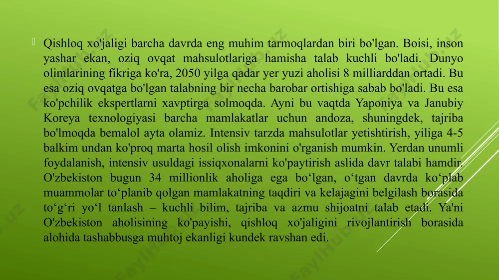 ug'orishning tejamkor usullari tatbiq etildi. shu yilning o'zida 25 ming gektar paxta maydonida suv tejovchi yangi sug'orish tizimi joriy qilinishi natijasida o'tgan yildagiga nisbatan uch barobar ko'p hosil olish kutilayotgani, foydalanishdan chiqqan 1 million 100 ming gektar yer maydoni qayta foydalanishga qaytariladi. bu borada quyidagi vazifalar belgilangan va ularning ijorisini boshqaruv xodimlari nazorat qilishlari kerak. ular: qishloq xo'jaligi yerlaridan foydalanishni takomillashtirish; suvdan foydalanish samaradorligini oshirish; qishloq xo'jaligini davlat tomonidan qo'llab-quvvatlash hamda davlat xaridlari tizimini takomillashtirish; qishloq xo'jaligining eksport salohiyatini oshirish va qo'shilgan qiymatga ega mahsulotlar hajmini ko'paytirish; qishloq xo'jaligiga xizmat ko'rsatish sohasida raqobat muhitini shakllantirish; qishloq xo'jaligida axborot texnologiyalarini keng joriy qilish hamda qishloq xo'jaligi statistikasini to'liq raqamlashtirish orqali maʼlumotlar haqqoniyligini taʼminlash; kadrlar masalasini hal etish, ilm-fanni rivojlantirish kerak bo'ladi. "davlat rolini davlat buyurtmasini berish, ekinlarni joylashtirish va qishloq xo‘jaligi mahsulotlari ishlab chiqarishni nazorat qilish tizimidan fermer va dehqon xo‘jaliklarida mehnat unumdorligini oshirish, oziq-ovqat mahsulotlarining xavfsizligini ta’minlash va sifatini oshirish, …