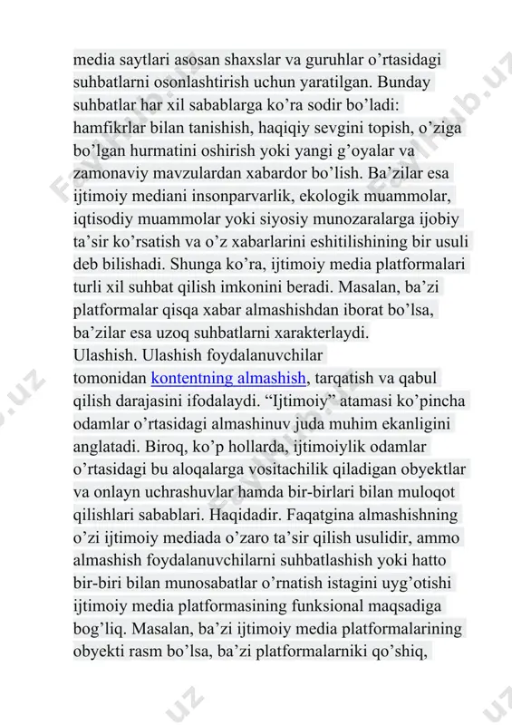 ada bog’liqligi ko’rsatiladi. buning uchun har bir foydalanuvchi o’zining shaxsiy ma’lumotlarini ko’rsatgan bo’lishi kerak, masalan, o’qish yoki ish joyi, ishlash sohasi, ish beruvchilari va hokazo. mana shu rekvizitlar orqali platforma avtomatik tarzda tegishli insonlarni topadi. ayrim ijtimoiy media platformalari faqat foydalanuvchilarning kontakt raqamlaridagi shaxslar bilan aloqa qilishga imkon bersa, ba’zilari esa aloqa qilish uchun foydalanuvchilardan hech qanday bog’liqlik taalb etmaydi. guruhlar. guruhlar funksional bloki foydalanuvchilarning jamoalar va kichik hamjamiyatlarni tashkil qilish darajasini ifodalaydi. tarmoq qanchalik “ijtimoiy” bo’lsa, do’stlar, ergashuvchilar va kontaktlar guruhi shunchalik katta bo’ladi. antropolog robin dunbar tomonidan taklif qilingan dunbar soni ko’p muhokama qilinadigan munosabatlar guruhi bo’lib, u odamlarning boshqa odamlar bilan bo’lishi mumkin bo’lgan barqaror ijtimoiy munosabatlar sonini taxminan 150 tagacha cheklaydigan kognitiv chegaraga ega ekanligini ta’kidlagan. ijtimoiy media platformalari ko’plab jamoalar bu raqamdan ancha oshib borayotganini tan oldi va foydalanuvchilarga a’zolikni boshqarish imkonini beruvchi vositalarni taklif qiladi. guruhlarning ikkita asosiy turi mavjud. birinchidan, odamlar o’zlarining kontaktlarini …