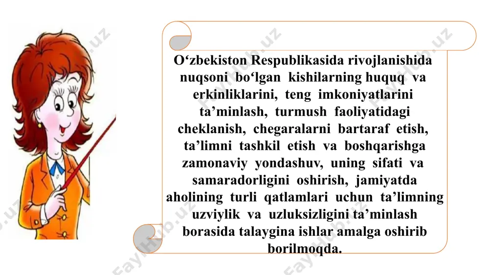 ida»gi pq-4860-son qarori qabul qilindi. alohida ta’lim ehtiyojlari bo’lgan bolalarni sog’lom bolalar qatorida umumta’lim maktablarida o’qitish amaliyotini rivojlantirish maqsadida ixtisoslashtirilgan ta’lim muassasalarida ta’lim olayotgan o’quvchilarning umumta’lim maktablariga integratsiyalashuvi (uyg’unlashtirgan holda ta’lim-tarbiya berish) tajribasi qo’llanilishi natijasida so’ngi yillarda 500 nafarga yaqin alohida ta’lim ehtiyojlari bo’lgan o’quvchilar umumiy o’rta ta’lim maktablariga qaytarildi. hozirgi kunda 3,2 mingdan ortiq umumiy o’rta ta’lim maktablarida 13 ming nafarga yaqin o’quvchilar inklyuziv ta’lim bilan qamrab olingan. amalga oshirilgan ma’lum bir darajadagi yutuqlar bilan birga ayrim hal etilishi kerak bo’lgan muammolar ham mavjud. ular jumlasiga quyidagilar kiradi: salbiy munosabat; hamjamiyatda ko’rinmaslik; moddiy mablag’ muammolari; jismoniy moslashtirish; sinfdagi o’quvchilar soni; qaramlik; jinsiy belgilarga qarab kamsitish; favqulodda vaziyatlar, mojorolar va qochoqlar. shulardan birinchisi salbiy munosabat muammosiga to’xtaladigan bo’lsak bu holat maxsus ehtiyojli bolalarning umumta’lim muasasalari tizimida ta’lim-tarbiya olishlari uchun eng katta to’siq bo’lsa kerak. salbiy munosabat muammosining mazmuni shundaki, ota-onalar, hamjamiyat a’zolari, o’qituvchilar, umumta’lim muassasalari xodimlari, boshqaruv organlaridagi hatto maxsus …