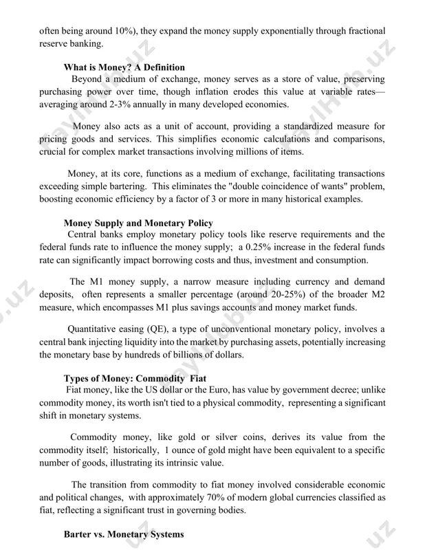 and the money supply exponentially through fractional reserve banking. what is money? a definition beyond a medium of exchange, money serves as a store of value, preserving purchasing power over time, though inflation erodes this value at variable rates—averaging around 2-3% annually in many developed economies. money also acts as a unit of account, providing a standardized measure for pricing goods and services. this simplifies economic calculations and comparisons, crucial for complex market transactions involving millions of items. money, at its core, functions as a medium of exchange, facilitating transactions exceeding simple bartering. this eliminates the "double coincidence of wants" problem, boosting economic efficiency by a factor of 3 or more in many historical examples. money supply and monetary policy central banks employ monetary policy tools like reserve requirements and the federal funds rate to influence the money supply; a 0.25% increase in the federal funds rate can significantly impact …