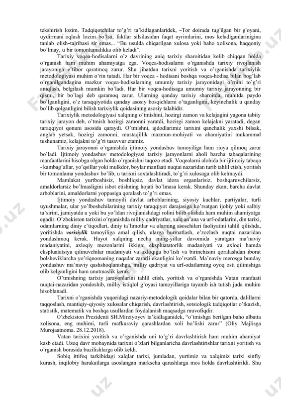 alsafa, davlat qurilishi va jamiyatni boshqarish masalalarida politologiya, iqtisodiy hayotni yoritishda iqtisodiyot nazariyasi, xalqning turmush tarzi, tili va milliy mentalitetini tasvirlashda etnografiya, о’zbek tili va adabiyoti, dinshunoslik fanlari yutuqlaridan foydalaniladi. tarixshunoslik, manbashunoslik, arxivshunoslik kabi maxsus fanlar eng yangi tarix falsafasini chuqur anglab yetishga kо’maklashadi. xxi globallashuv asrida ta’lim sohasida ― о’zbekistonning eng yangi tarixi fanini о’qitish zamirida mamlakatning intellektual va ma’naviy boyligi bо’lgan yoshlar salohiyatni yuksaltirishdan manfaatdor ekanligi omili yotadi. globallashuv sharoitida bilimlilik mamlakatni iqtisodiy rivojlantirish va uning milliy boyligini kо’paytirishning muhim tarkibiy qismiga aylanib borayotganligi, yoshlarning yuksak ma’naviy darajasi esa insonlarda huquqiy madaniyatni, erkin va demokratik huquqiy davlatda yashash hamda mehnat qilish qobiliyatini shakllantirish, о’zligini anglash, ulardan shaxs, davlat hamda jamiyat manfaatlari yо’lida foydalanish imkonini beradi. mazkur fanning о’qitilishi jarayonida talaba fan bо’yicha mustaqillikka erishish arafasida о’zbekistonda yuzaga kelgan murakkab vaziyatni, ularning sabablari va oqibatlarini; mustaqillik arafasidagi о’zgarishlarni, о’zbekistonning eng yangi tarixi masalalarini, zamonaviy jarayonlarda о’zbekistonning jahon hamjamiyatidagi о’rnini …