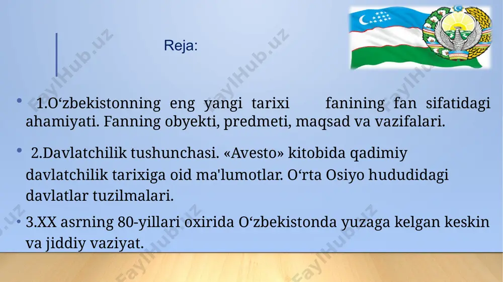 nning jahon hamjamiyatida munosib o‘rni olishi kabi masalalar – bu bosqichdagi o‘zbekiston tarixining mazmunini tashkil etadi. 4 fanni o’rganishning nazariy-uslubiy asoslari. birinchi prezident i.karimov asarlari darsliklar, mutahasislar asarlari, ilmiy to’plamlar o’zbekiston respublikasi konstitutsiyasi qonunlar, qarorlar, farmon va farmoyishlar prezident sh. mirziyoev nutq va ma’ruzalari o'zbekistonning eng yangi tarixini davrlashtirish o'zbekiston tarixini davrlashtirishning bir necha usullari mavjud. arxeologik davrlashtirish, tarixiy davrlashtirish, asosiy ishlab chiqaruvchi kuchlar va ishlab chiqarish usuliga ko'ra davrlashtirish, sulolaviy davrlashtirish va boshqalar davrlashtirish mustaqillik arafasida sobiq sovet davlatining ijtimoiy-iqtisodiy, siyosiy, mafkuraviy va madaniy rivojlanishi.qayta qurish. paxta ishi. milliy o'zlikni anglash o'zbekistonda davlat mustaqilligining qo'lga kiritilishi o'zbek modeli o'tish davri o'zbekistonda davlat hokimiyatining shakllantirilishi 1991-2016 yillardagi umumiy tarixiy vaziyat 2016 yil va yangi o'zbekiston jamiyatini qurish yo'lidagi islohotlar 2017-2021 yillarda o'zbekiston respublikasini rivojlantirishning beshta ustuvor yo'nalishlari bo'yicha harakatlar strategiyasi birinchi bosqich 1991-2000 - yillarni o‘z ichiga olib, bu davrda mustaqillikning mustahkam poydevori bunyod etilib, “o‘zbek modeli” asosida ijtimoiy-iqtisodiy taraqqiyot …