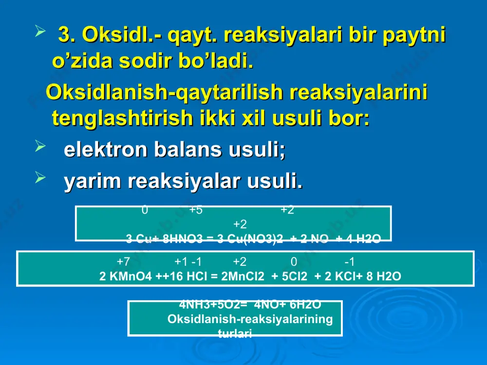 mno4→mno2(neytral) kmno4→k2mno4(ishqoriy) mno2→ mnso4 mnso4→mno2; mnso4 →k2mno4 mnso4 →kmno4 mno2→ kmno4 (kislotali) mno2→ k2mno4 (ishqoriy) k2mno4→kmno4 k2cr2o7→cr2(so4)3 kucli kislotali(h2so4) cr3+birikmalari crci3 (ishqoriy) → k2cro4 pb+4 birikmalari pb4+ → pb2+ pb2+ birikmalari pb2+ → pb4+ sn4+ birikmalari snci4→ snci2 sn2+ birikmalari snci2 → snci4 k3aso4 k3aso3; as2s3 5h2o2+2kmno4+3h2so4=5o2+2mnso4+h2so4+8h2o 7-misol. h2o2+[fe(cn) 6]3-+oh-=o2+[fe(cn)6]4-+……… h2o2+2oh--2eo2+2h2o 1 [ fe(cn)6]3-+1e [fe(cn)6]4- 2 h2o2+2oh-+2[fe(cn)6] 3-=o2+2h2o+2[fe(cn)6]4- h2o2+2k3[fe(cn)6]+2koh=o2+2k4[fe(cn)6]+2h2o oksidlovchi va qaytaruvchining ekvivalenti oksidlovchi yoki qaytaruvchining ekvivalenti deb , ularning 1 mol elektronlariga mos keladigan miqdorga aytiladi. misol fe2++cr2o72-+h+→fe3++cr3++…… fe 2+-efe3+ 6 cr2o72-+14h++6e 2cr3++7h2o 1 6fe2++cr2o72-+14h+  6fe3++2cr3++7h2o molekulyar holda yozilsa: 6feso4+k2cr2o7+7h2so4=3fe2(so4)3+cr2(so4)3+k2so4+7h2o oks-chi ekvivalenti : qayt-chi ekvivalenti : e k2cr2o7=м/6=294/6=49g/моl e feso4=m/1=152 g/mol. e= м/n 3-jadval. 298 k da standart oksidl.-qayt. (elektrod) potentsiallari elektroddagi yarim reaksiya oks/red, v elektroddagi yarim reaksiya oks/re li++elio k++eko ba2++2ebao ca2++2ecao na++enao la3++3elao mg2++2emgo h2+2e2h- al3++3ealo mn2++2emno zn2++2ezno fe2++2efeo cr3++ecr2+ co2++2ecoo pbso4+2e  pb+so42- ni2++2enio sn2++2esno pb2++2epbo 2h++2eh2o so42-+4h++2e  h2so3+h2o hg2cl2+2e- 2hg+2cl- cu2++2e-cuo i2+2e2i- …