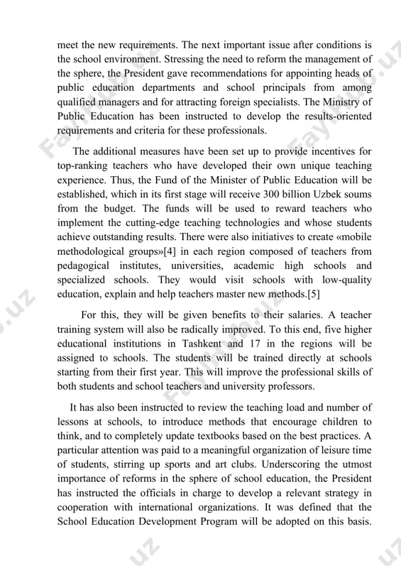 kent and 17 in the regions will be assigned to schools. the students will be trained directly at schools starting from their first year. this will improve the professional skills of both students and school teachers and university professors. it has also been instructed to review the teaching load and number of lessons at schools, to introduce methods that encourage children to think, and to completely update textbooks based on the best practices. a particular attention was paid to a meaningful organization of leisure time of students, stirring up sports and art clubs. underscoring the utmost importance of reforms in the sphere of school education, the president has instructed the officials in charge to develop a relevant strategy in cooperation with international organizations. it was defined that the school education development program will be adopted on this basis. the meeting has heard the proposals from ministers and khokims (governors), teachers …