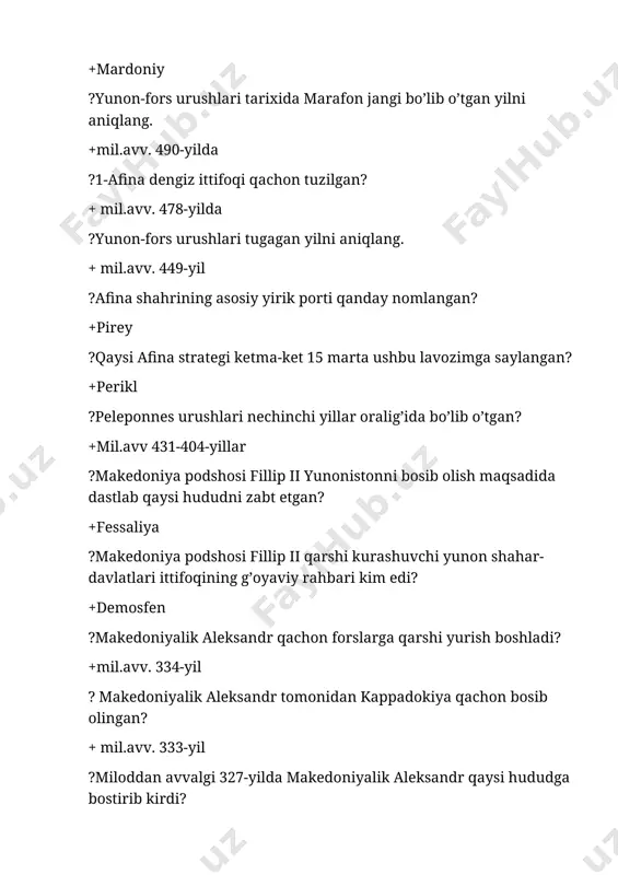 rlarda mesopotamiya hududida qaysi shahar davlatning ko’tarilish davri bo’lgan? +kish ? maurya davlatining poytaxti berilgan javobni aniqlang. +pataliputra ?usmonilar sultoni usmonbey yashagan yillarini aniqlang. +1282—1326-yillar ?usmonilar davlatining ilk poytaxtini qaysi shahar bo’lgan? +bursa ?qaysi fransuz hukmdori mamlakatda sud-ma’muriy ishlar bo’yicha islohotlar o’tkazgan? +lyudovik ix ?fransuz qiroli filipp iv hukmronlik yillarini aniqlang. +1285-1314-yillar ?konstantinopol turklar tomonidan ishg’ol qilingan sanani aniqlang. +1453-yil ?janna d’arkning yashagan yillarni aniqlang. +1412-1431-yillar ?”dahshatli sud kitobi” qaysi davlat tarixida aholini ro’yxatga olish shu nom bilan atalgan? +angliya ?qaysi ingliz qiroli 1215-yilgi qo’zg’olon vaqtida qo’zg’olonchilarga asir tushgan? +ioan ? «qirol qirollikni papa nomidan emas, balki bеvosita xudoyi taolo nomidan o’z qo’lida tutib turadi»-ushbu jumlalar muallifini aniqlang. +jon viklеf ?qaysi ingliz qiroli yuz yillik urushga sababchi bo’lgan? +eduard iii ?german imperatori konrad iii qaysi salib yurishida qatnashgan. +2 ?riga shahriga 1201-yilda kimlar asos slogan? +nemislar ?xristian cherkovi qachondan boshlab rasman ikki qismga bo’linib ketgan? +1054-yil ?1189-1192-yillarda nechinchi salib yurishi …