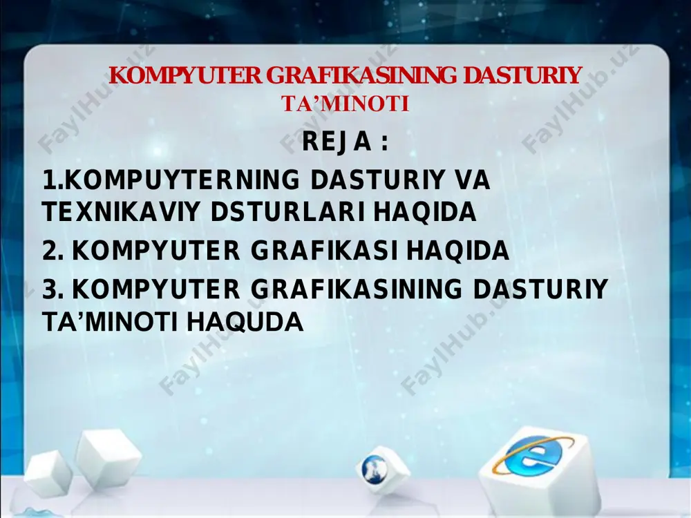 umotlar berish va hokazo. dasturiy ta’minot sistema dasturlari amaliy dasturlar uskunaviy dasturlar sistema dasturlari – turli yordamchi vazifalarni bajaruvchi dasturlar, masalan: mana endi kompyuterning grafikasi haqida gaplashamiz umumiy ќolda grafikadagi tasvirlar ikki xil ko‘rinishda: ikki o‘lchovli yoki uch o‘lchovli shaklda bo‘ladi. ikki o‘lchovli grafikaning dasturiy ta’minoti (dt) x, u koordinatalari tizimida yuza tasvirini ќosil qilish imkoniyatini beradi. bu 2d ko‘rinishidagi tasvirdir. uch o‘lchovli grafikaning dastur iy ta’minoti tekis ekranda x, u, z (3 d) koordinatalari tizimida tasvir larni ќosil qilish imkonini beradi. 4d grafigi - vaqt tizimidagi uch o‘lchovli tasvirdir. shuningdek 2,5d t uridagi tasvir ќam mavjudir. bu 2d ko‘rinishli tasvir bo‘lib 3d tasvirining ba’zi bir xususiyatlari bilan to‘ldirilgan. ( masalan, ustunli diagrammada ќar bir ustun yo‘g‘onligi ќ am ko‘rinib turadi). grafik vositalarning asosiy xususiyatlarini (dast uriy, texnik, informatsion ) kompyuter grafikasin i ќar bir sinfiga tegishli bo‘lgan xossalarini ma’l um bazaviy funksiyalar to‘plamini ajratib olishg a mo‘ljallangan dasturiy ta’minotlarining …