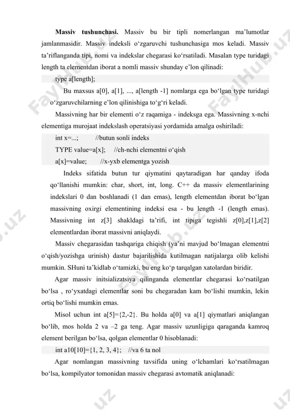 ‘rsatilmagan bo‘lsa, kompilyator tomonidan massiv chegarasi avtomatik aniqlanadi: int a3[]={1, 2, 3}; bir o‘lchamli massivlarni funksiya parametrlari sifatida uzatish. massivdan funksiya parametri sifatida foylalanganda, funksiyaning birinchi elementiga ko‘rsatkich uzatiladi, ya’ni massiv hamma vaqt adres bo‘yicha uzatiladi. bunda massivdagi elementlarning miqdori haqidagi axborot yo‘qotiladi, shuning uchun massivning o‘lchamlari haqidagi ma’lumotni alohida parametr sifatida uzatish kerak. funksiyaga massiv boshlanishi uchun ko‘rsatkich uzatilgani tufayli (adres bo‘yicha uzatish), funksiya tanasining operatorlari hisobiga massiv o‘zgarishi mumkin. funksiyalarda bir o‘lchovli sonli massivlar argument sifatida ishlatilganda ularning chegarasini ko‘rsatish shart emas. funksiyalarda bir o‘lchovli sonli massivlar argument sifatida ishlatilganda ularning chegarasini ko‘rsatish shart emas. ko‘p o‘lchovli massivlar ta’rifi. ikki o‘lchovli massivlar matematikada matritsa yoki jadval tushunchasiga mos keladi. jadvallarning insializatsiya qilish qoidasi, ikki o‘lchovli massivning elementlari massivlardan iborat bo‘lgan bir o‘lchovli massiv ta’rifiga asoslangandir. misol uchun ikki qator va uch ustundan iborat bo‘lgan xaqiqiy tipga tegishli d massiv boshlang‘ich qiymatlari quyidagicha ko‘rsatilishi mumkin: float d[2][3]={(1,-2.5,10),(-5.3,2,14)}; bu yozuv …