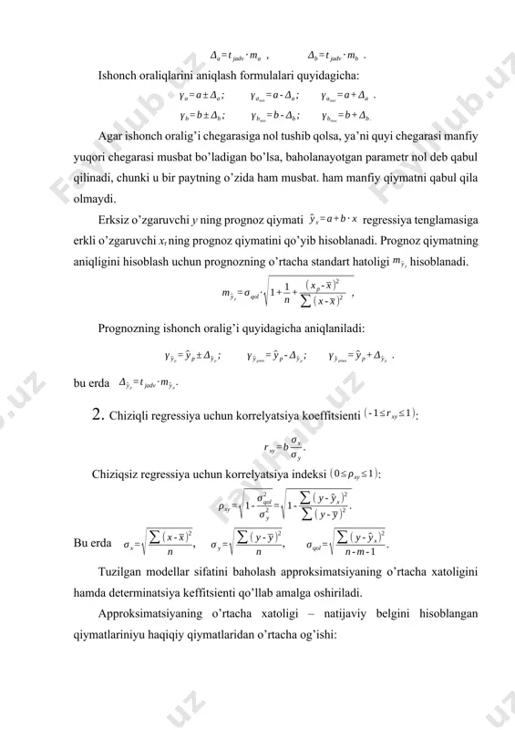 a rad etilmaydi va a, b va rxy lar tasodifiyligi tan olinadi. har bir parametr shonch oralig’ini hisoblash uchun bo’lishi mumkin bo’lgan hatolik –δ aniqlaniladi. ishonch oraliqlarini aniqlash formulalari quyidagicha: agar ishonch oralig’i chegarasiga nol tushib qolsa, ya’ni quyi chegarasi manfiy yuqori chegarasi musbat bo’ladigan bo’lsa, baholanayotgan parametr nol deb qabul qilinadi, chunki u bir paytning o’zida ham musbat. ham manfiy qiymatni qabul qila olmaydi. erksiz o’zgaruvchi y ning prognoz qiymati regressiya tenglamasiga erkli o’zgaruvchi xr ning prognoz qiymatini qo’yib hisoblanadi. prognoz qiymatning aniqligini hisoblash uchun prognozning o’rtacha standart hatoligi hisoblanadi. prognozning ishonch oralig’i quyidagicha aniqlaniladi: bu erda 3корхона соф фойдаси ва рентабеллик даражаси тўғрисида қуйидаги маълумотлар берилган: рентабеллик даражаси, % 26 20 22 10 21 25 8 19 10 20 12 18 11 8 соф фойда, млн. сўм 736 197 254 112 145 176 50 76 44 81 40 73 41 30 y x yx x2 y2 1 736 …