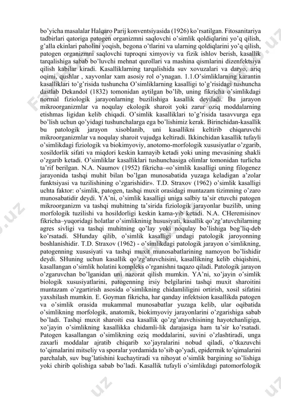 donlarni aniqlash va namunalar yig’ish malakasini xosil qilinadi. xozirgi vaqtda respublikada 14 ta karantin inspektsiyasi, 167 ta o’simliklar karantini bo’yicha tuman o’simliklar karantini inspektsiyalari, 31 ta chegara karantin maskanlari, 13 ta fumigatsion otryadlar, 6 ta karantin pitomniklari, 1 ta karantin laboratoriyasi, 1 ta botanika bog’i, 2 ta oranjireya va 26 ta davlat nav sinash uchastkalari rispublikamizdagi fitosanitar xolatni nazorat qilish bo’yicha ish olib bormoqda. uning tarkibida tajriba va selektsiya stantsiyasilari, nav sinash dalachalari tashkil qilingan. qishloq xo’jalik ekinlarini karantini fani respublikaning turli mintaqalarida tashkil qilingan karantin maskanlarida ishlaydigan mutaxasislarni zararli organizmlarni turlar tarkibini va miqdorini aniqlash yo’llaridagi mavjud xuquqiy xujjatlar, qonunlar bilan tanishtiradi. xar bir mintaqada mavjud va kirib kelishi mumkin bo’lgan kasallik va hashoratlarning rivojlanishi va tarqalishida biologik xususiyatlarining axamiyati bilan tanishtiradi. o’tkazilgan nazorat yuzasidan ma’lumotlar tuzish, uni yuqori tashkilotlarga taqdim etish va tarqalishi xavf tug’diradigan kasalliklar va hashoratlar ro’yxati bilan tanishtiradi. o’simliklar karantini meteriologiya, iqlimshunoslik, kimyo, fizika, gigiyena …
