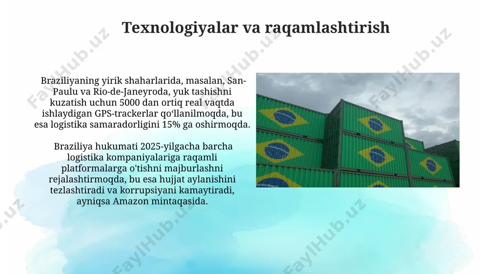 30% gacha qisqarishiga olib keladigan ekologik toza transport vositalarining (elektr avtomobillar, gaz bilan ishlaydigan mashinalar) sonini 2025 yilga borib 15% ga oshirish rejalashtirilgan. muhim logistika markazlari amazon daryosi bo'yidagi manaus erkin iqtisodiy zonasi 600 dan ortiq logistika kompaniyalariga joy beradi va and mintaqasi bilan savdo aloqalarini kuchaytirishda muhim rol o'ynaydi. braziliya logistika tizimida 2000 dan ortiq avtoulovlar parkini o'z ichiga olgan sao-paulo shahri atrofidagi tarqatish markazlari mamlakat iqtisodiyotining samarali ishlashi uchun juda muhimdir. e'tiboringiz uchun rahmat @taqdimot_robot image2.jpg image3.jpg image4.jpg image5.jpg image6.jpg image7.jpg image8.jpg image9.jpg image10.jpg image11.jpg image12.jpg image13.jpg image14.jpg image15.jpg image16.jpg image17.jpg image18.jpg image1.png