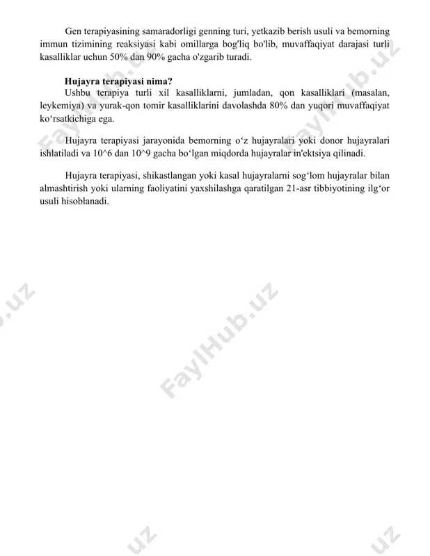 dan ortiq klinik sinovlardan o'tgan ilg'or tibbiyot usulidir. gen terapiyasining samaradorligi genning turi, yetkazib berish usuli va bemorning immun tizimining reaksiyasi kabi omillarga bog'liq bo'lib, muvaffaqiyat darajasi turli kasalliklar uchun 50% dan 90% gacha o'zgarib turadi. hujayra terapiyasi nima? ushbu terapiya turli xil kasalliklarni, jumladan, qon kasalliklari (masalan, leykemiya) va yurak-qon tomir kasalliklarini davolashda 80% dan yuqori muvaffaqiyat koʻrsatkichiga ega. hujayra terapiyasi jarayonida bemorning oʻz hujayralari yoki donor hujayralari ishlatiladi va 10^6 dan 10^9 gacha boʻlgan miqdorda hujayralar in'ektsiya qilinadi. hujayra terapiyasi, shikastlangan yoki kasal hujayralarni sogʻlom hujayralar bilan almashtirish yoki ularning faoliyatini yaxshilashga qaratilgan 21-asr tibbiyotining ilgʻor usuli hisoblanadi. 📌xulosa gen va hujayra terapiyasi kelajakdagi davolash usullarida katta istiqbolga ega. uning yordamida turli kasalliklarni samarali davolash va hatto oldini olish mumkin bo'ladi. shu bilan birga, ushbu sohaning rivojlanishi uchun yanada chuqur tadqiqotlar va klinik sinovlar zarur. 📚foydalanilgan adabiyotlar 1. gine va hujayra terapiyasi: zamonaviy yondashuvlar va istiqbollar. (gene va …