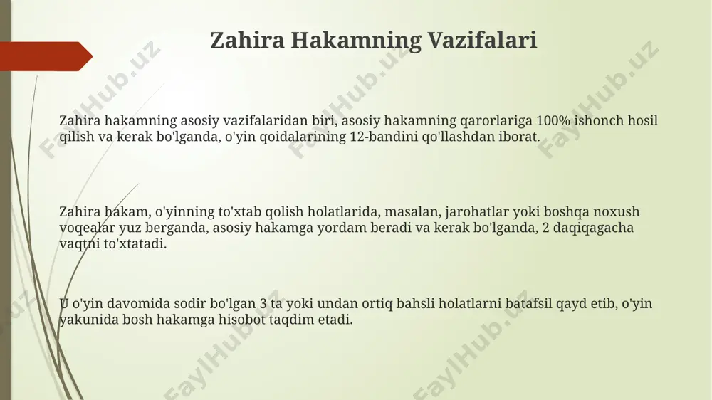 o'yin davomida asosiy hakamning 2-3 marta ogohlantirish olgan futbolchiga qizil kartochka ko'rsatish huquqini zaxira hakami tasdiqlashi kerak. zaxira hakami, agar asosiy hakam o'yinning muhim lahzalarida, masalan, 80-daqiqadan keyin jarohat olgan bo'lsa, o'yinni davom ettirish uchun javobgardir. professionallik va ob'yektivlik rezerv hakamning professionalligi 2 dan ortiq o'yinlarda tajribaga ega bo'lishi va kamida 3 yillik malaka oshirish kurslarini muvaffaqiyatli tamomlaganini ko'rsatadi. rezerv hakamlarning professionalligi va ob'yektivligi, musobaqa reytingi tizimida 5 balldan kam bo'lmagan baho bilan baholanadi va bu ularning ishonchlilik darajasini ko'rsatadi. ob'yektivlik, qoidalar buzilishiga nisbatan 90% dan ortiq aniqlik bilan qaror qabul qilish va o'yin natijalariga ta'sir qilmasdan adolatli baholashni nazarda tutadi. qoidalar va reglamentlar qoidalar va reglamentlarga ko'ra, asosiy hakamning 3 ta yordamchisi va bitta zahira hakami bo'lishi shart, ularning har biri o'z vazifalarini aniq bajarishi kerak. qoidalar va reglamentlar zahira hakamining vakolatlarini aniq belgilaydi, jumladan, o'yin qoidalarini buzganlik, 5-sonli qoida yoki boshqa qoidabuzarliklarni qayd etish huquqi va majburiyatini belgilaydi. …