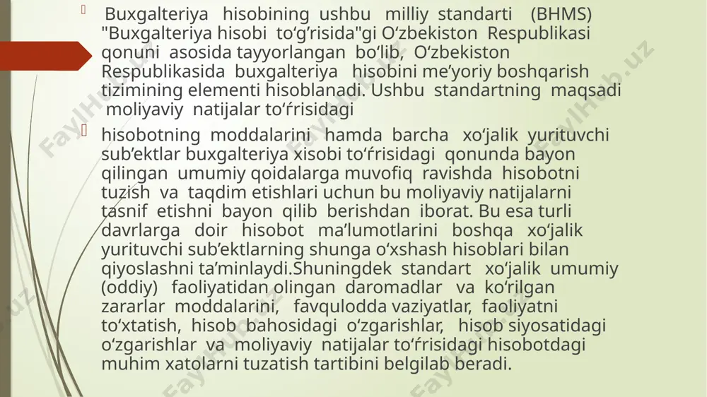 u buxgalteriya hisobini yuritish va moliyaviy hisobot tuzish uchun xo‘jalik yurituvchi sub’ekt qo‘llaydigan usullarning jamlamasidir. moliyaviy natijalar to‘g’risidagi hisobotda quyidagilarni ochib berish zarur: -savdo-sotiqdan tushgan sof tushum; --savdo-sotiqning yalpi moliyaviy natijalari; asosiy faoliyatdan keladigan boshqa operatsion daromadlari va xarajatlari; -asosiy xo‘jalik faoliyati moliyaviy natijalari (foyda yoki zarar); - moliyaviy faoliyatga doir boshqa daromadlar va xarajatlar; -xo‘jalik umumiy faoliyagining moliyaviy natijasi; -favqulodda foyda va zarar; -daromad solish to‘langunga qadar umumiy moliyaviy natijalar (foydalar yoki zararlar); -hisobot davridagi sof foyda (zarar). hisobot davridagi sof daromad yoki zarar,muayyan davrda tan olingan daromadlar va xarajatlarning barcha moddalari, agar buxgalteriya hisobi milliy standartlarida boshqacha yondashuv ko‘zda tutilmagan bo‘lsa, hisobot davridagi sof daromad yoki zararni aniqlashga kiritiladi.hisobot davridagi sof daromad yoki zarar quyidagi elementlar asosida aniqlanadi, ularning har biri moliyaviy natijalar to‘ѓrisidagi hisobotda ochib berilishi lozim: xo‘jalik umumiy faoliyatidan olingan daromad yoki ko‘rilgan zarar,favqulodda daromad (zarar),daromad soliѓi to‘langunga qadar umumiy moliyaviy natija (foyda yoki zarar),daromad soliѓidan …